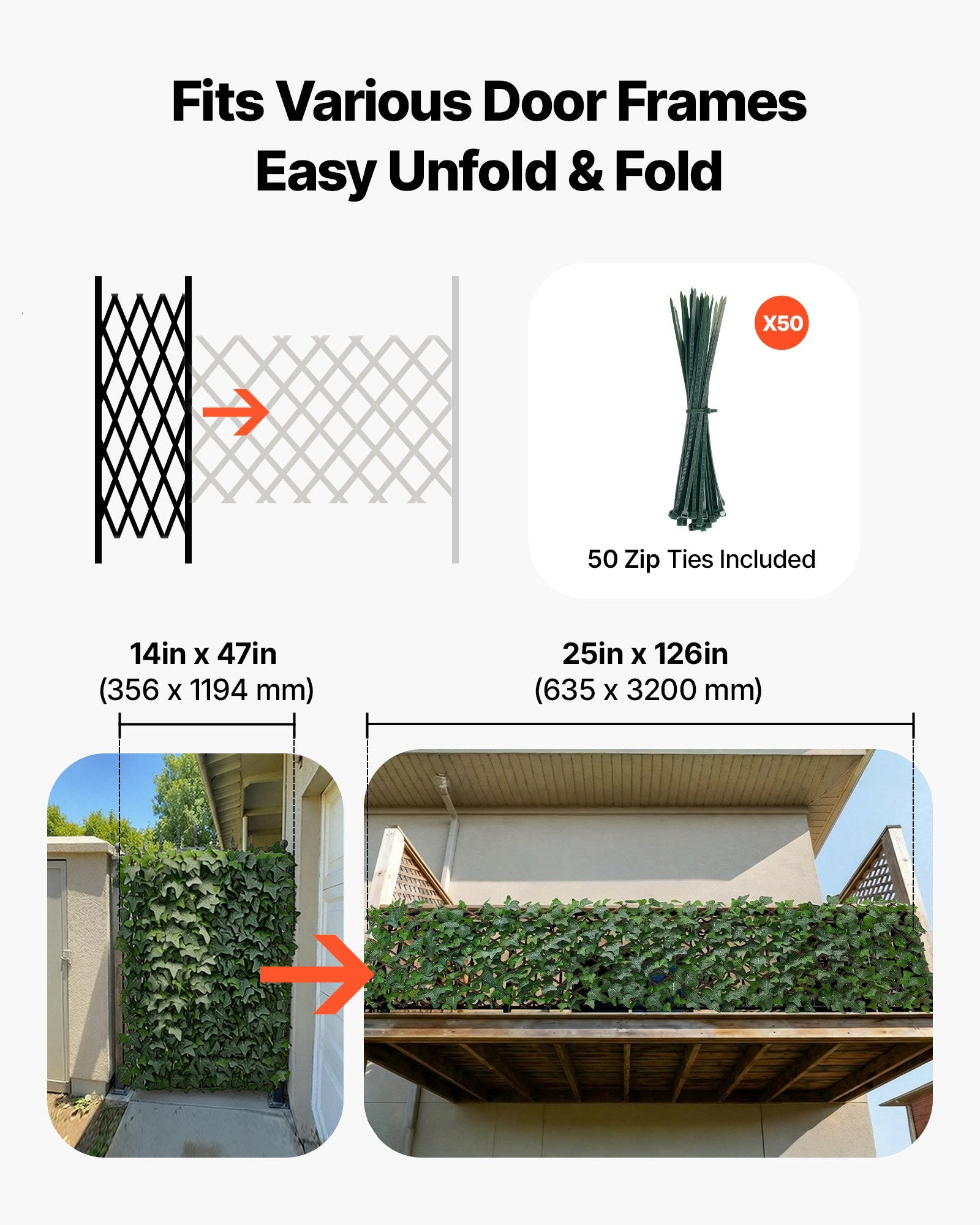 Expandable 25x126" Artificial Ivy Fence Screen - Realistic Faux Greenery Backdrop with Zip Ties for Balcony, Patio & Outdoor Privacy