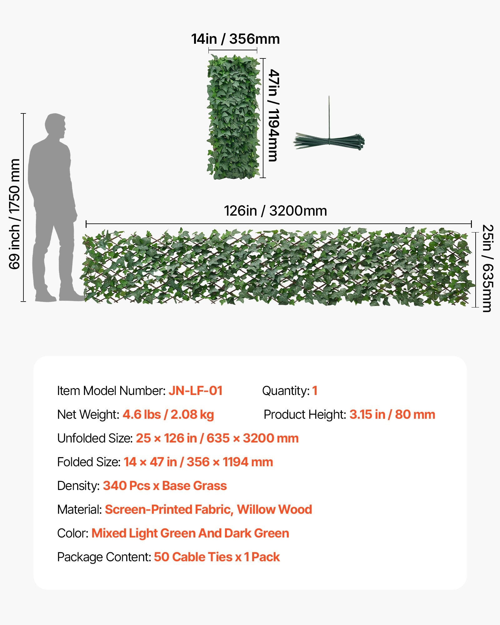 Expandable 25x126" Artificial Ivy Fence Screen - Realistic Faux Greenery Backdrop with Zip Ties for Balcony, Patio & Outdoor Privacy