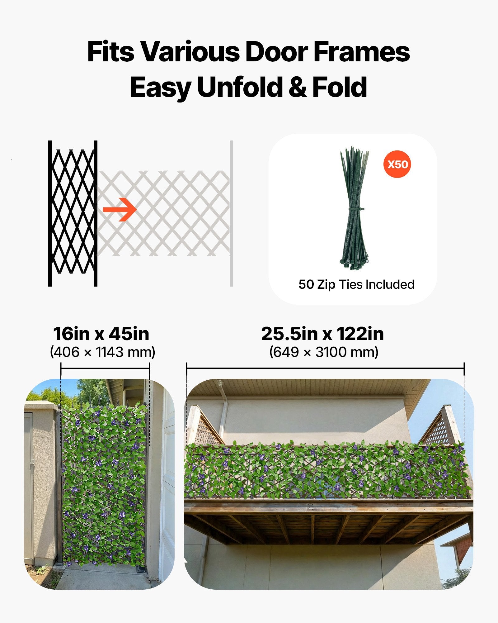 Expandable Ivy Privacy Screen, 25.5 x 122 in - Realistic Artificial Plant Wall with Zip Ties, Decorative Greenery for Outdoor Balcony, Patio, Faux Green Fence Backdrop