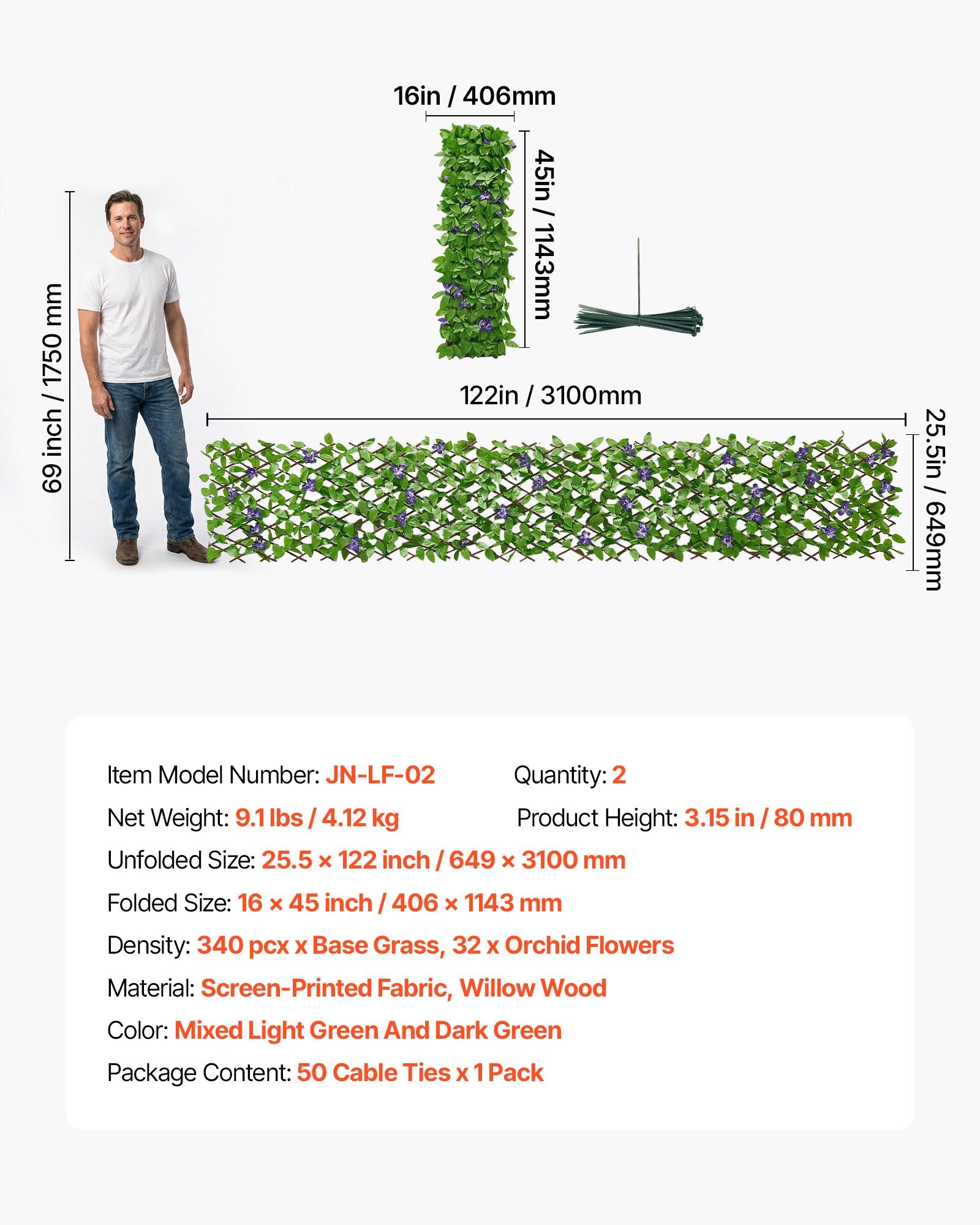 Expandable Ivy Privacy Screen, 25.5 x 122 in - Realistic Artificial Plant Wall with Zip Ties, Decorative Greenery for Outdoor Balcony, Patio, Faux Green Fence Backdrop