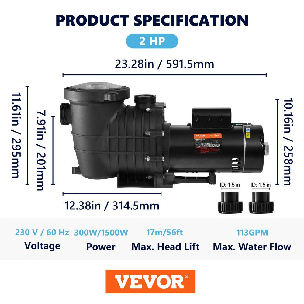 High-Efficiency 2 HP Variable Speed Pool Pump for In/Above Ground Pools with Strainer and ETL Certification, 230V 1500W, 5520 GPH Maximum Flow Rate