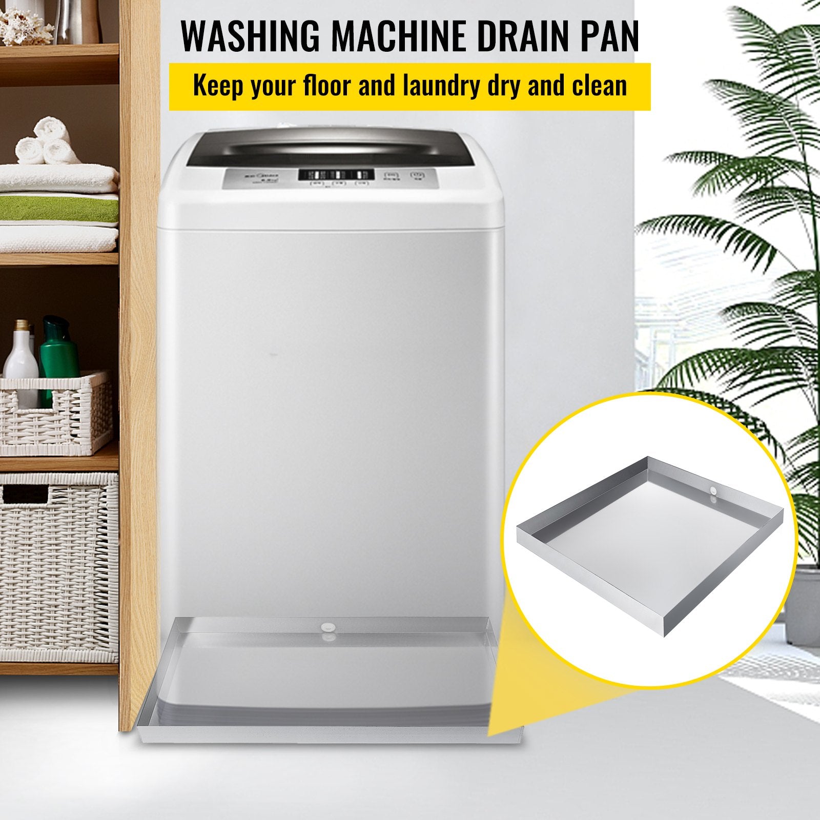 Heavy Duty 304 Stainless Steel Washing Machine Pan - 27x25x2.5 Inch Drip Tray with Drain Hole & Hose Adapter, Compact Washer Protection