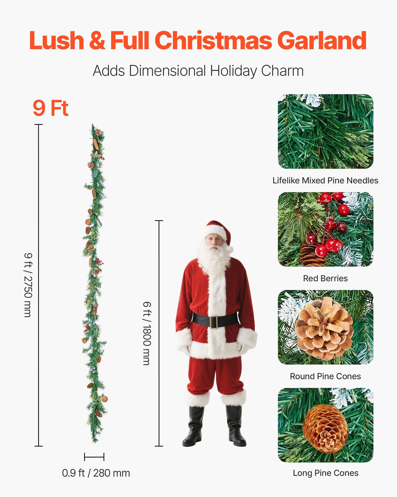 9-Ft Lush Artificial Christmas Garland with LED Lights, Festive Pine Needles, Berries, Cones for Mantel & Fireplace Decor