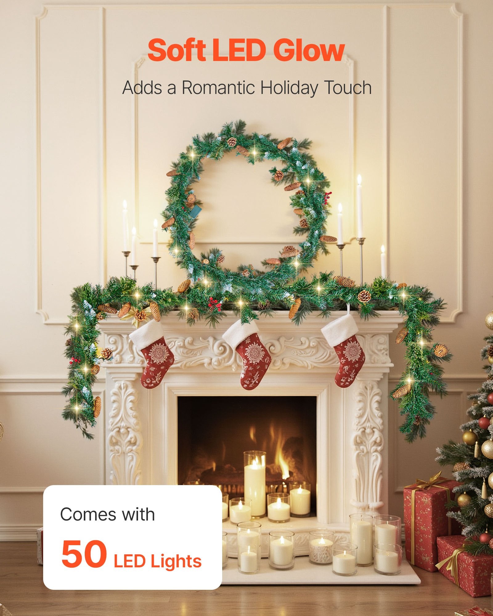 9-Ft Lush Artificial Christmas Garland with LED Lights, Festive Pine Needles, Berries, Cones for Mantel & Fireplace Decor