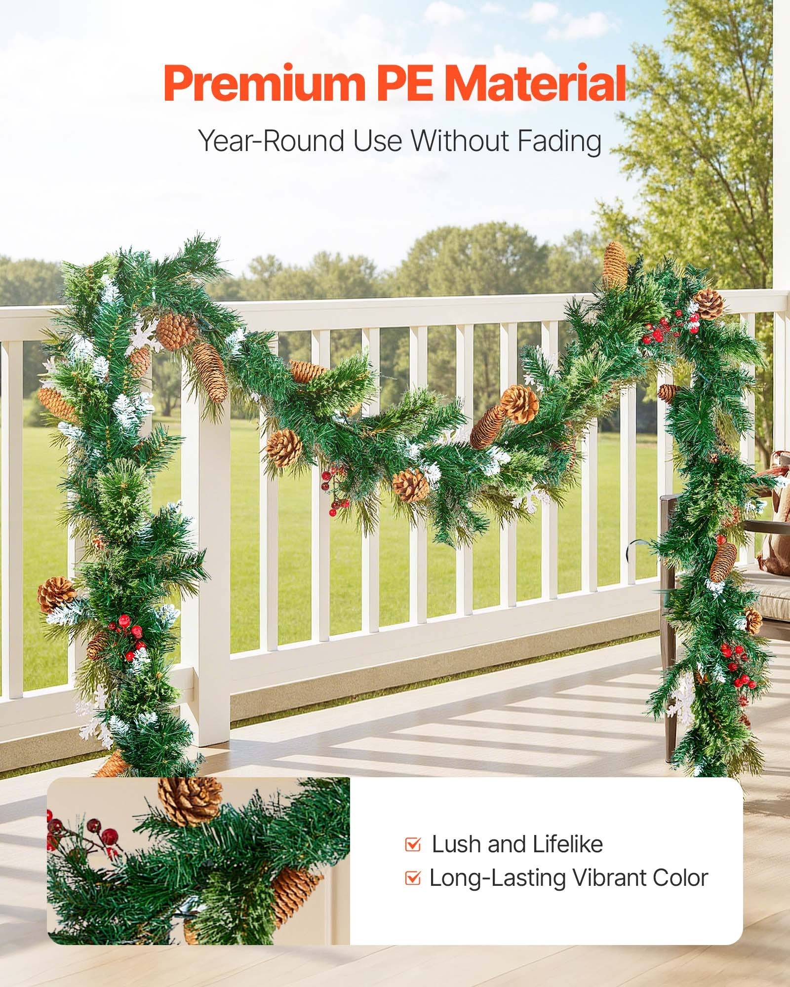 9-Ft Lush Artificial Christmas Garland with LED Lights, Festive Pine Needles, Berries, Cones for Mantel & Fireplace Decor