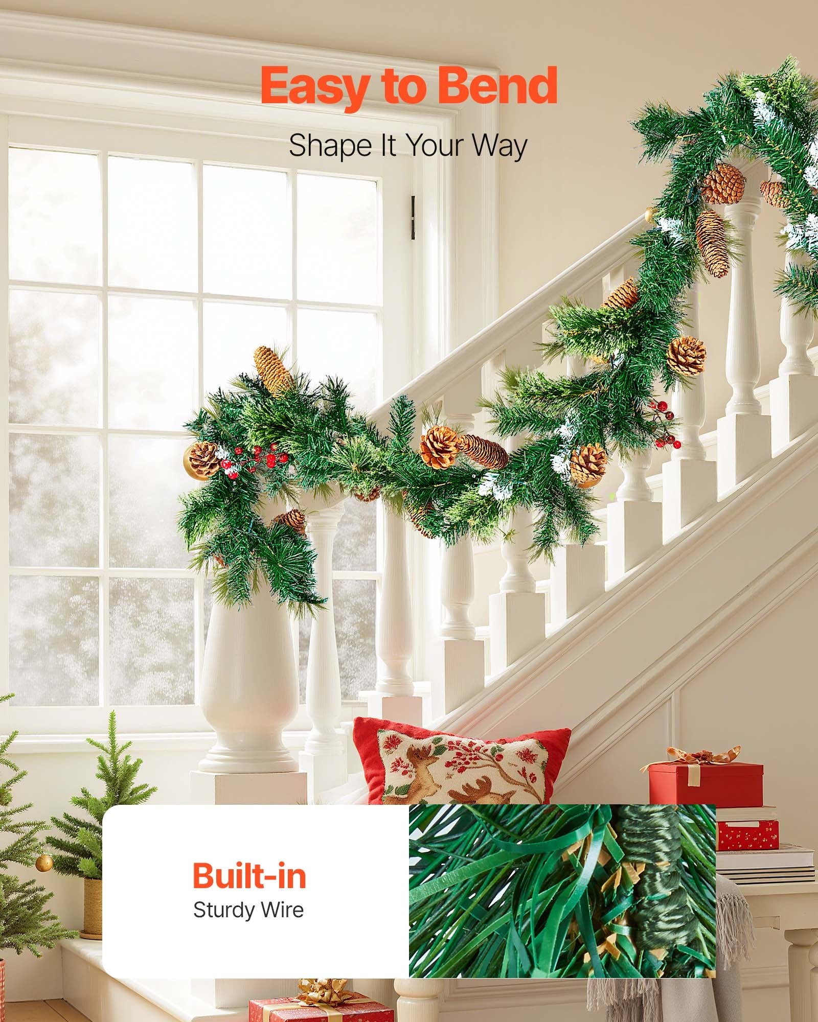 9-Ft Lush Artificial Christmas Garland with LED Lights, Festive Pine Needles, Berries, Cones for Mantel & Fireplace Decor