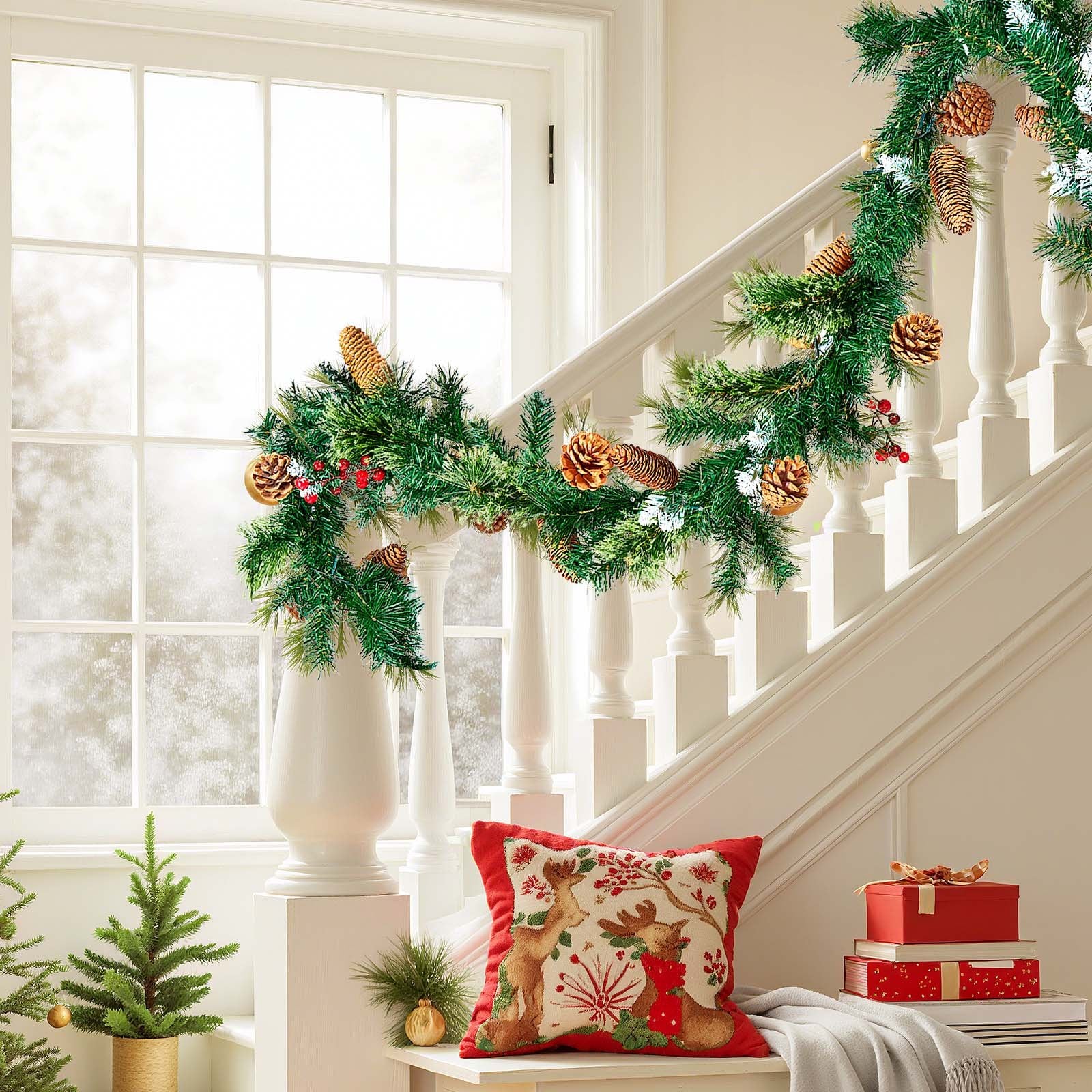 9-Ft Lush Artificial Christmas Garland with LED Lights, Festive Pine Needles, Berries, Cones for Mantel & Fireplace Decor