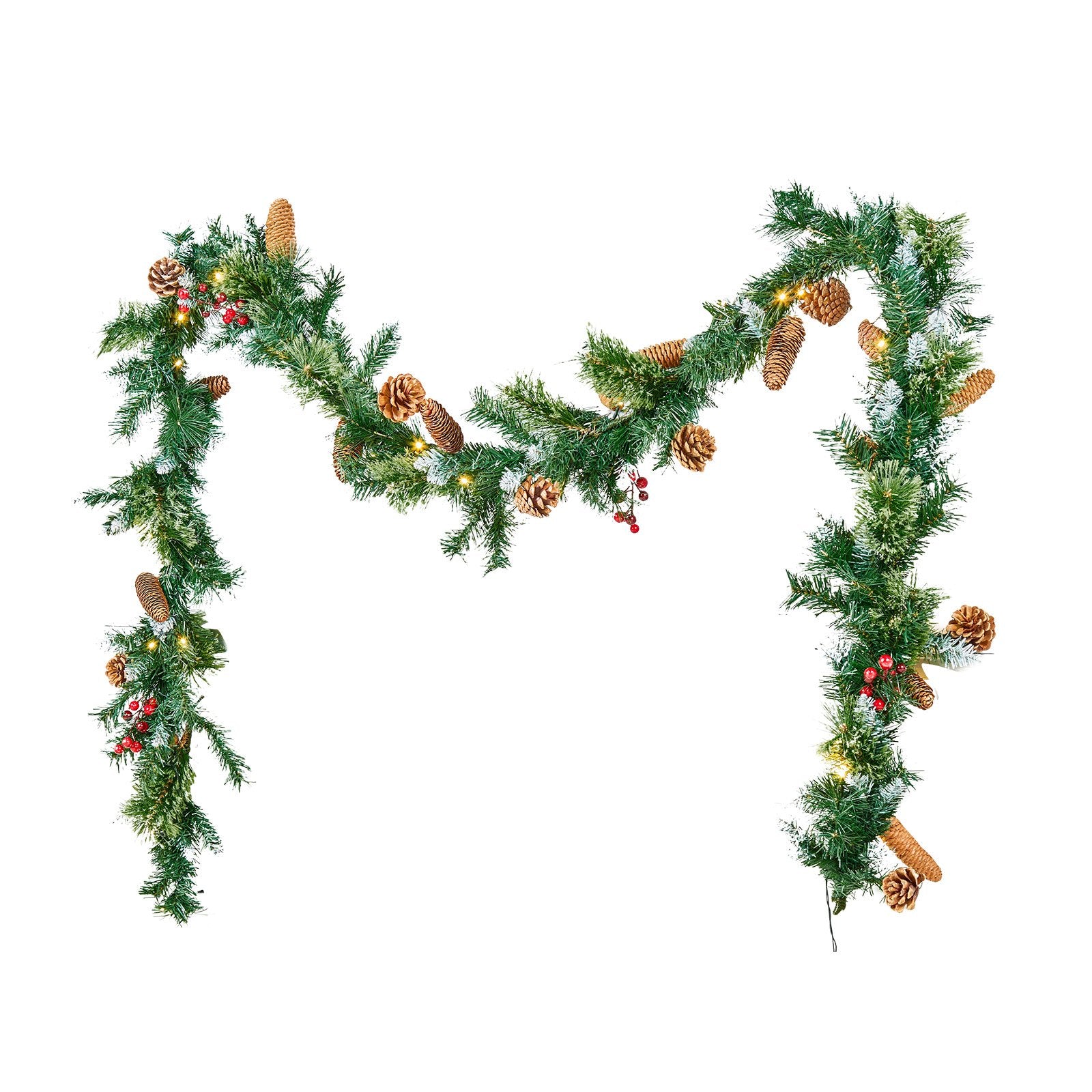 9-Ft Lush Artificial Christmas Garland with LED Lights, Festive Pine Needles, Berries, Cones for Mantel & Fireplace Decor