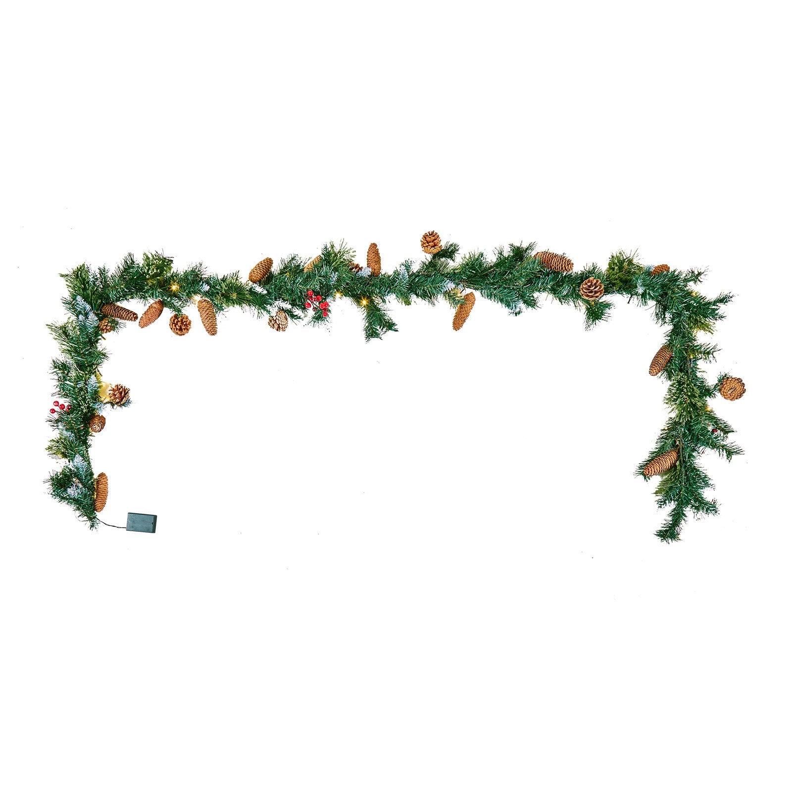 9-Ft Lush Artificial Christmas Garland with LED Lights, Festive Pine Needles, Berries, Cones for Mantel & Fireplace Decor