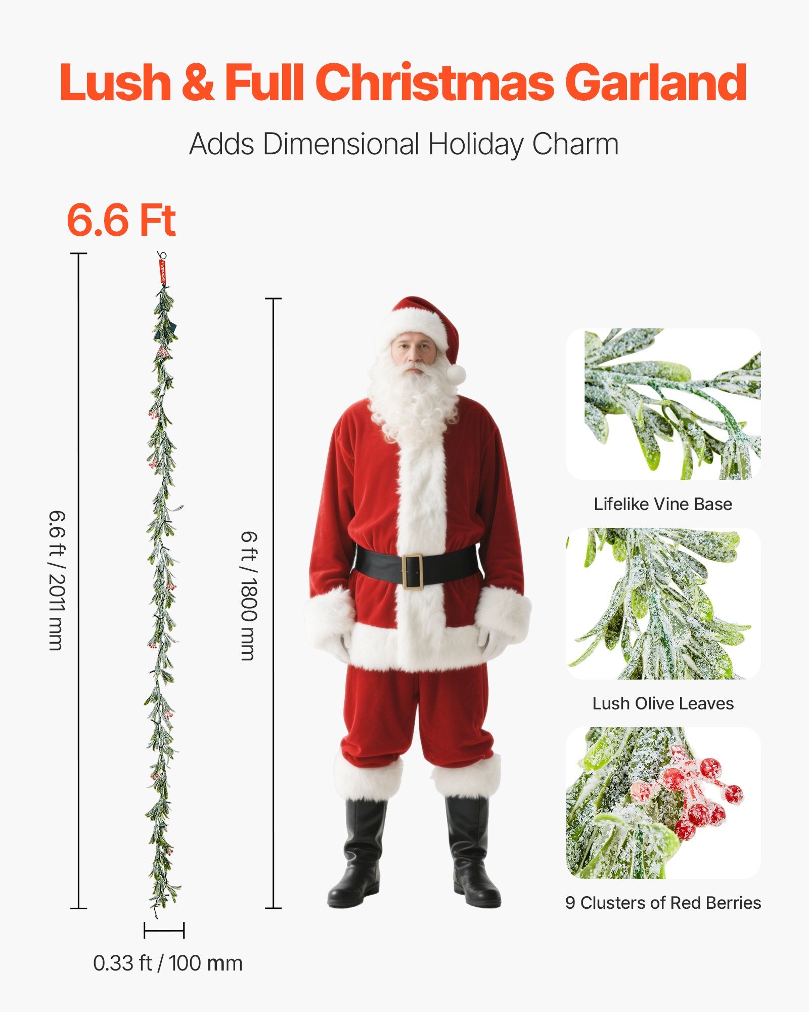 6.6-FT Christmas Garland with Vines, Olive Leaves, Berries, and LED Lights - Perfect Evergreen Faux Greenery for Indoor/Outdoor Holiday Decoration, Mantel, Fireplace, and More