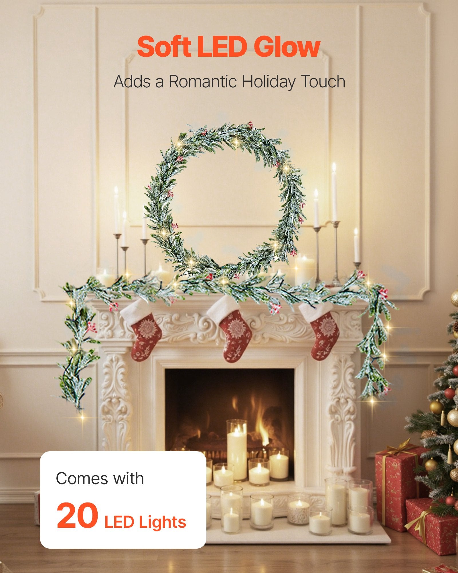 6.6-FT Christmas Garland with Vines, Olive Leaves, Berries, and LED Lights - Perfect Evergreen Faux Greenery for Indoor/Outdoor Holiday Decoration, Mantel, Fireplace, and More