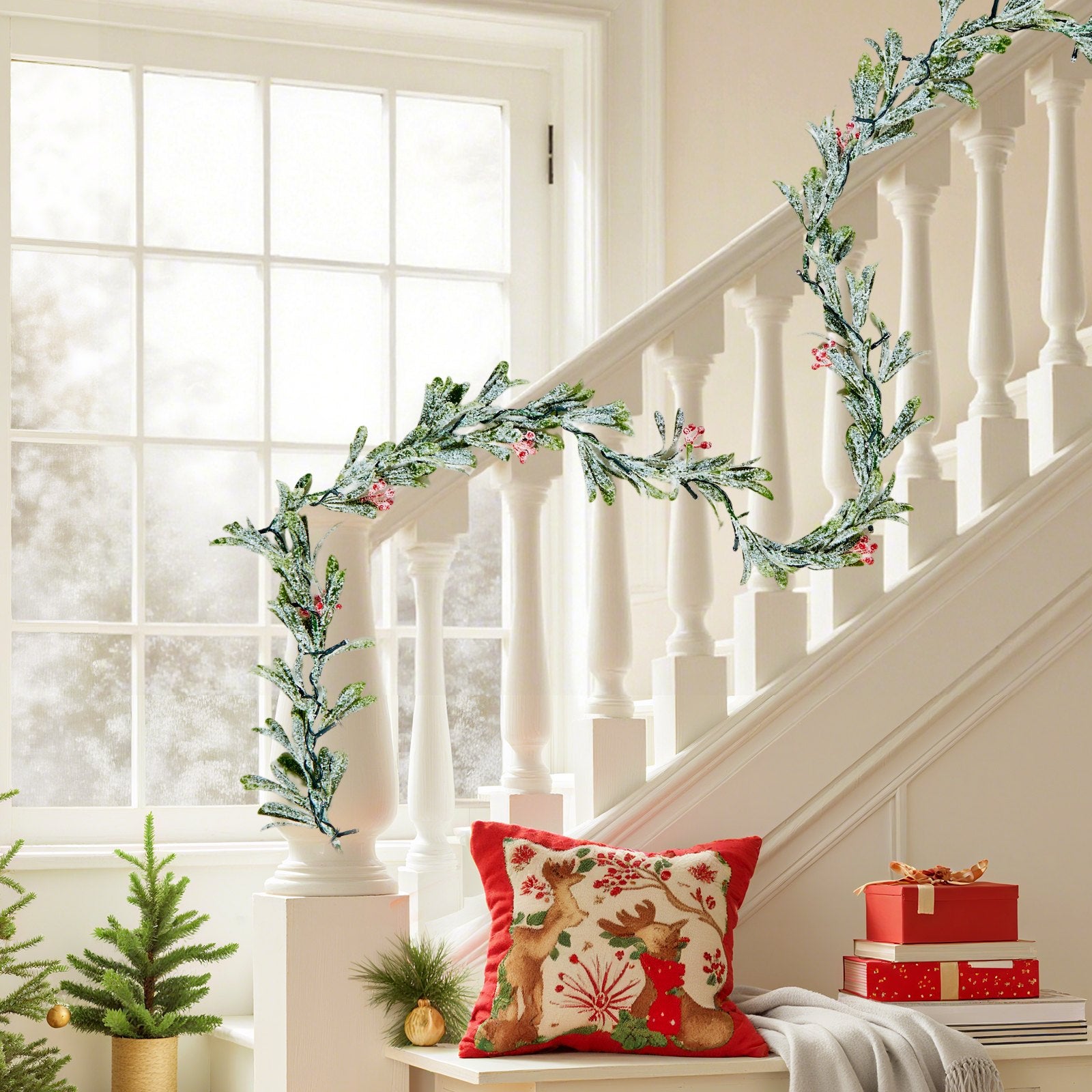 6.6-FT Christmas Garland with Vines, Olive Leaves, Berries, and LED Lights - Perfect Evergreen Faux Greenery for Indoor/Outdoor Holiday Decoration, Mantel, Fireplace, and More