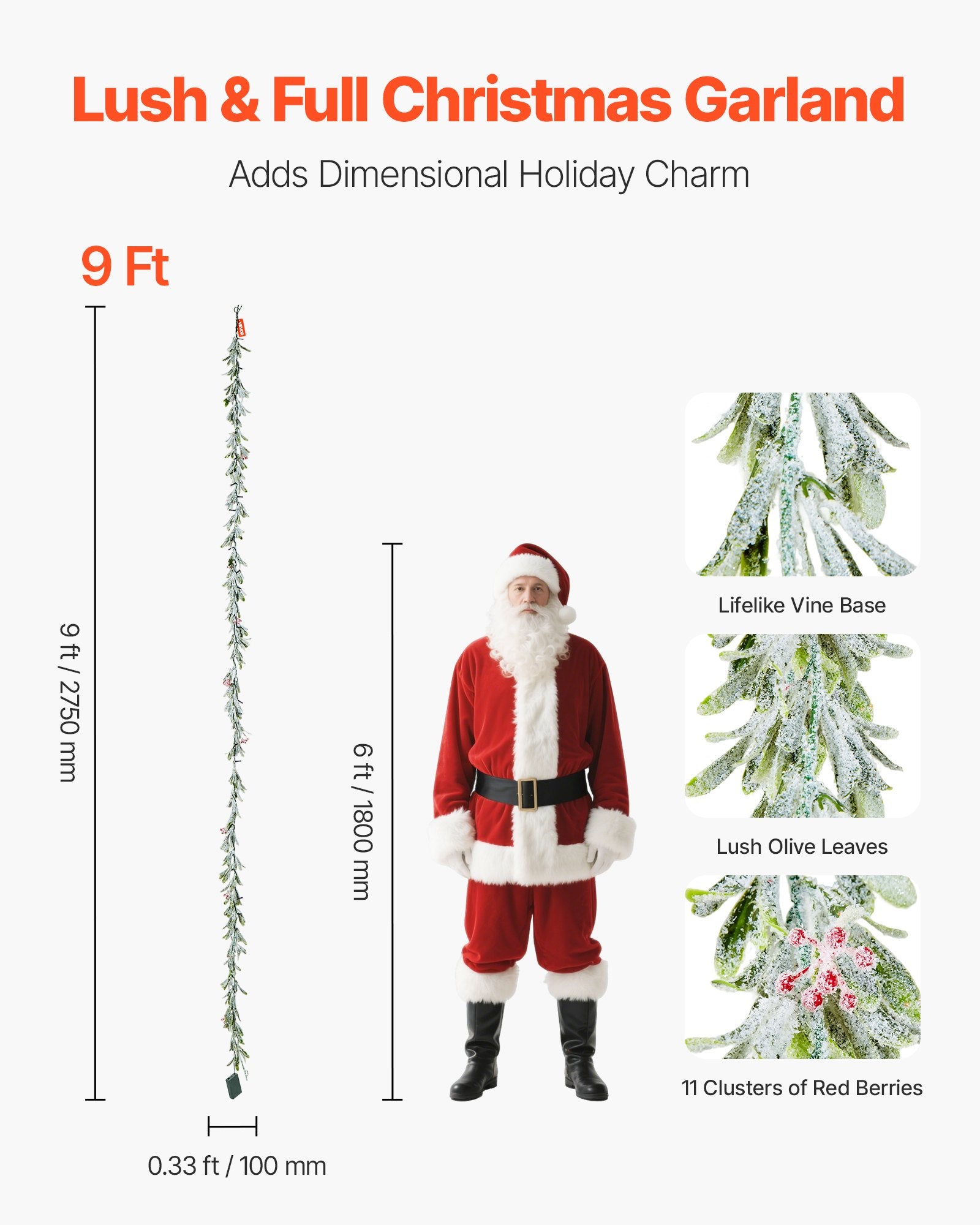 9-FT Christmas Garland with LED Lights - Realistic Greenery, Vines, Olive Leaves, Berries for Indoor/Outdoor Holiday Decor on Mantel, Fireplace