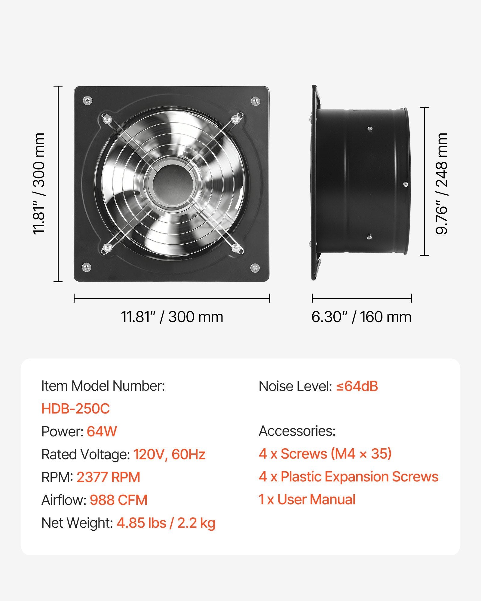 10" High Velocity Exhaust Fan, 988 CFM Wall Mount Ventilator with On/Off Control for Attic, Garage, Kitchen, Basement Ventilation