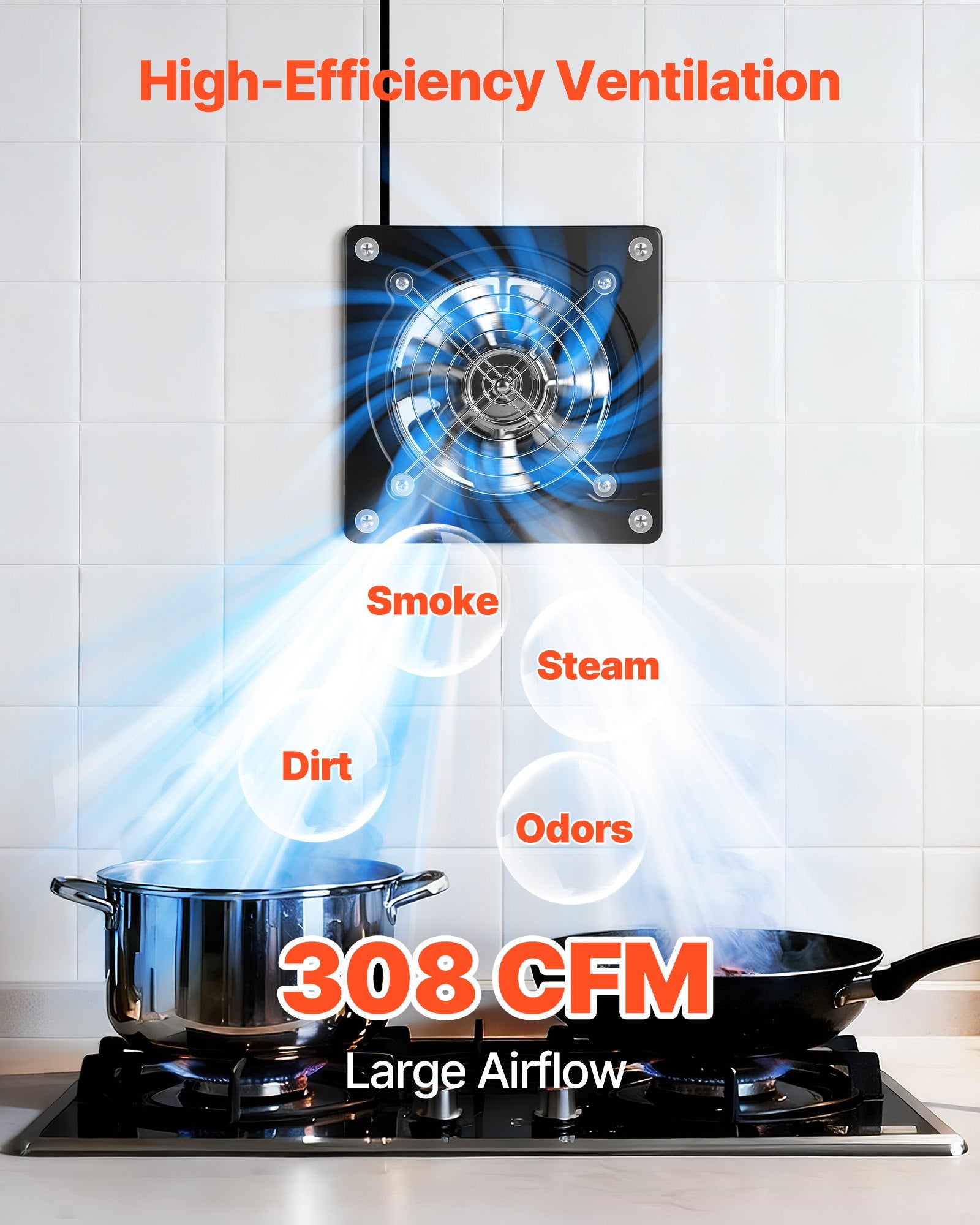 6-Inch High Velocity Exhaust Fan, 308 CFM, Wall-Mount Ventilation Extractor with On/Off Control for Attic, Garage, Kitchen, Workshop, Basement, & Chicken Coop, Low Power Consumption, Black