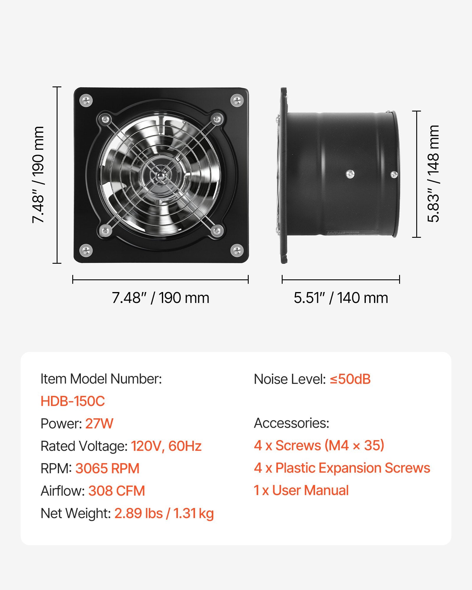 6-Inch High Velocity Exhaust Fan, 308 CFM, Wall-Mount Ventilation Extractor with On/Off Control for Attic, Garage, Kitchen, Workshop, Basement, & Chicken Coop, Low Power Consumption, Black
