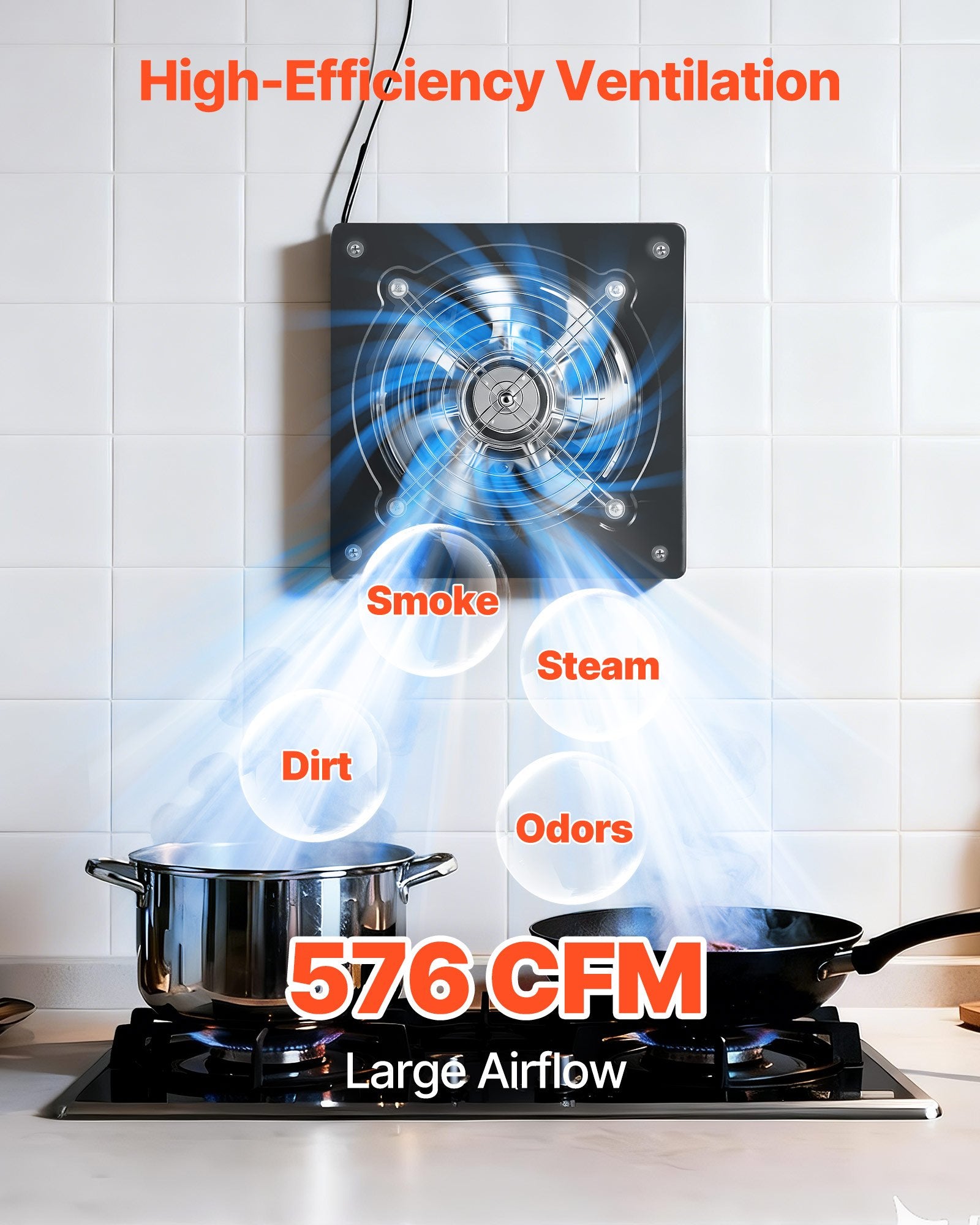 8 Inch High Velocity Wall-Mount Exhaust Fan, 576 CFM, Low Power Ventilation for Attic, Garage, Kitchen, Basement, Workshop, Chicken Coop, Black