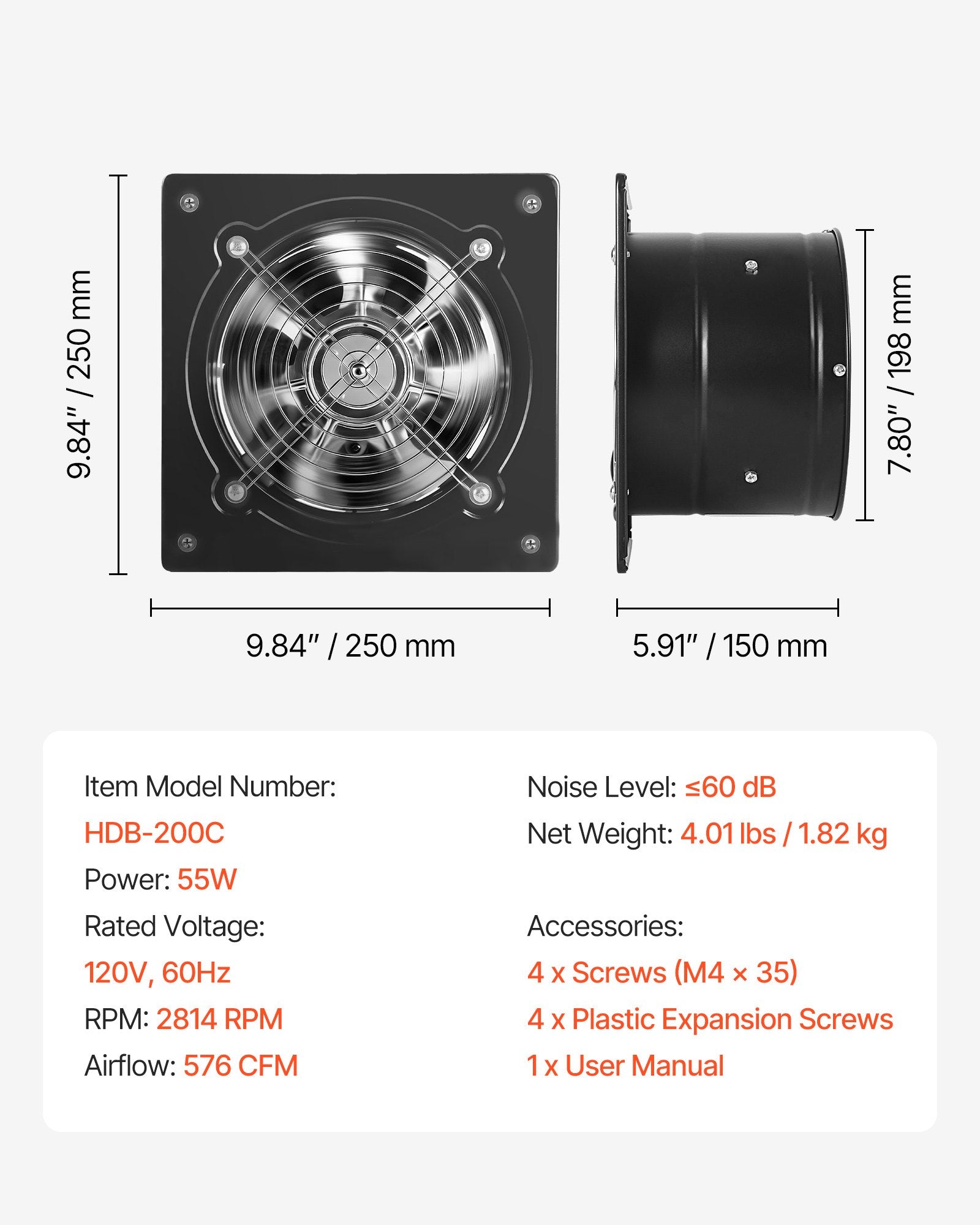 8 Inch High Velocity Wall-Mount Exhaust Fan, 576 CFM, Low Power Ventilation for Attic, Garage, Kitchen, Basement, Workshop, Chicken Coop, Black