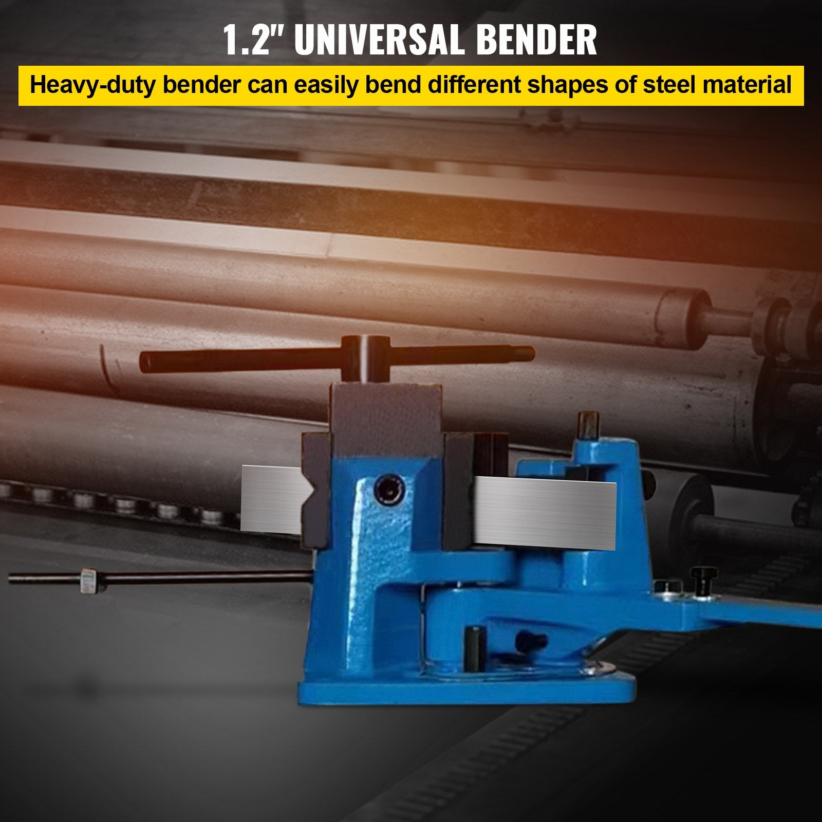 Universal Metal Bender UB-100, Heavy-Duty Steel Rod & Rebar Bender with Detachable Lever for Hot/Cold Bending, Flat/Round/Strip/Square Steel, Max 1.2" Size, 120° Capacity