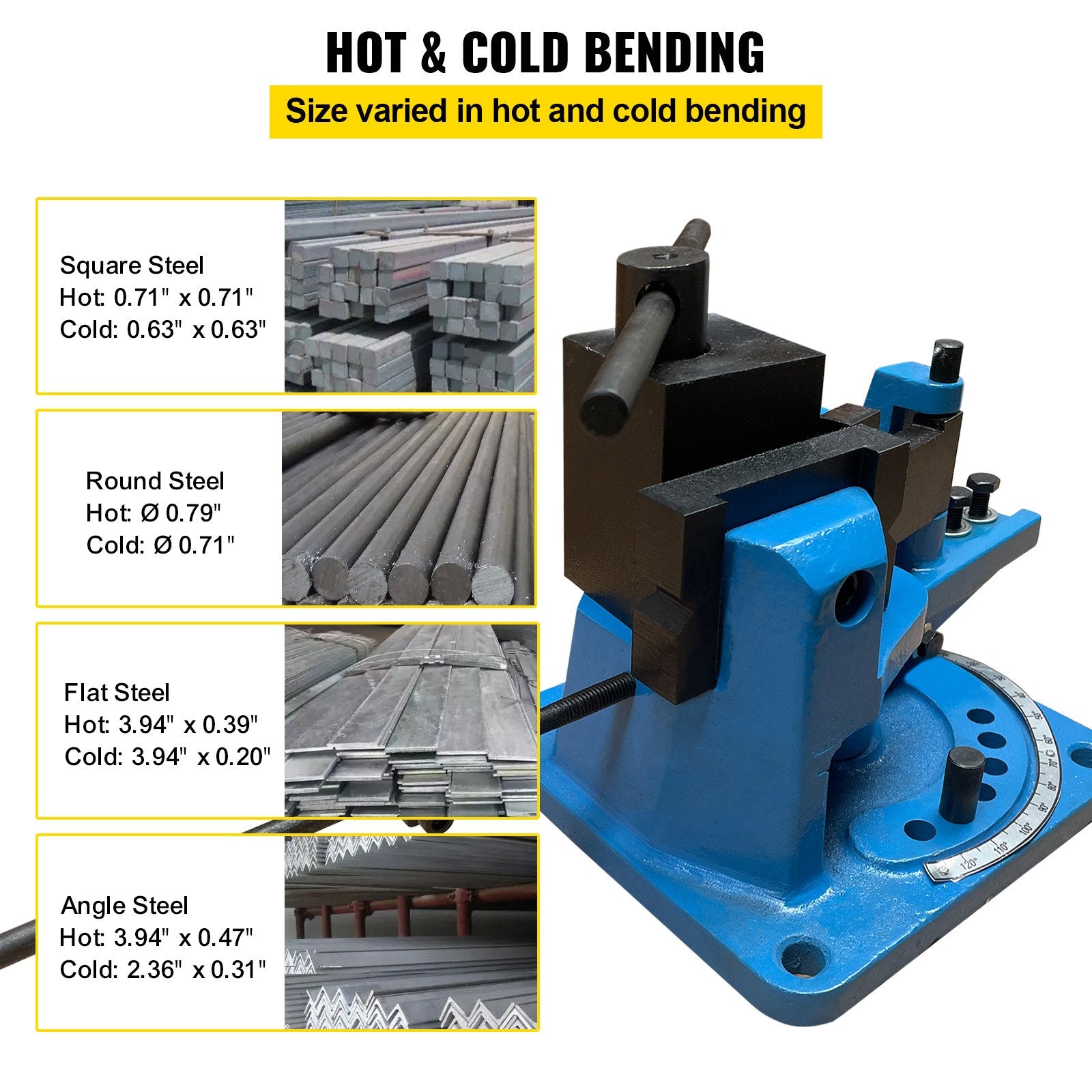 Universal Metal Bender UB-100, Heavy-Duty Steel Rod & Rebar Bender with Detachable Lever for Hot/Cold Bending, Flat/Round/Strip/Square Steel, Max 1.2" Size, 120° Capacity