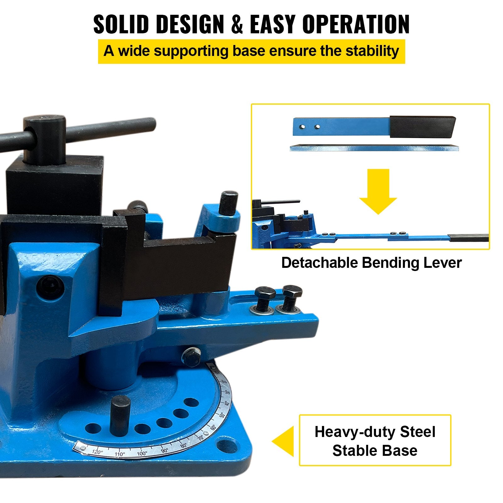 Universal Metal Bender UB-100, Heavy-Duty Steel Rod & Rebar Bender with Detachable Lever for Hot/Cold Bending, Flat/Round/Strip/Square Steel, Max 1.2" Size, 120° Capacity