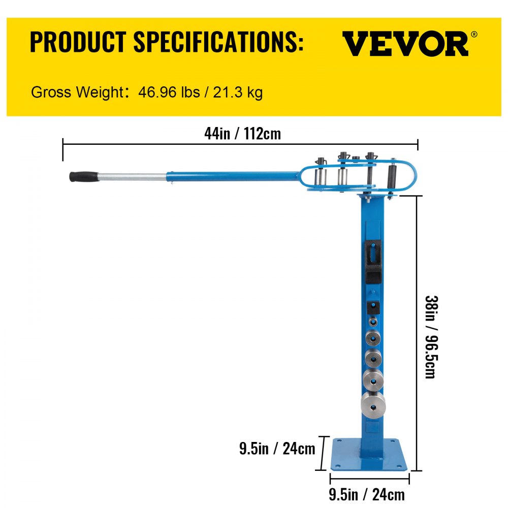 VEVOR YP 38 Pedestal Floor Compact Bender 7 Dies Versatile Compact Metal Tubing Bender 44' Mount Powdercoat Telescoping Handle Maximum 5/8" Thick 1-15/16" Width