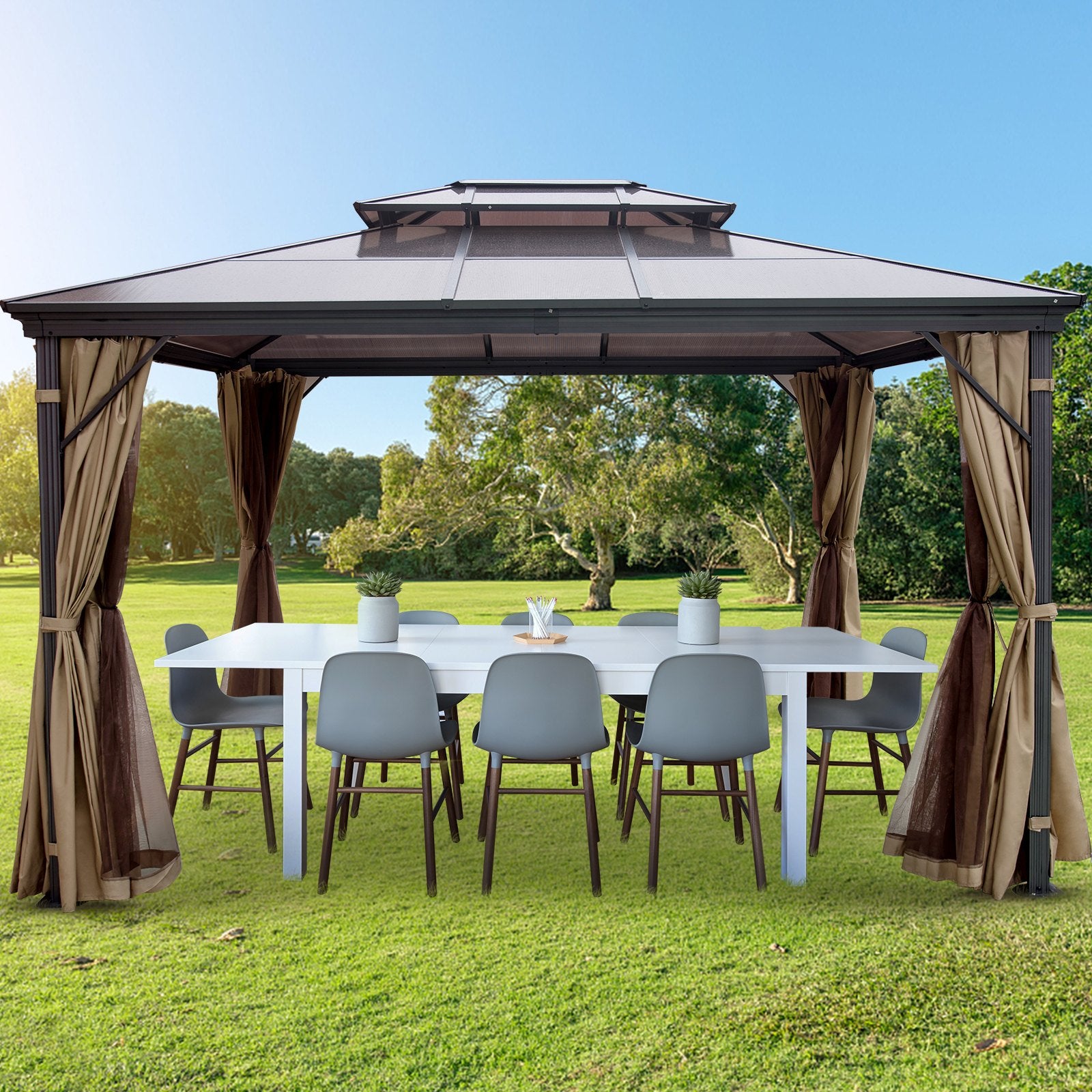 Sturdy 10'x12' Hardtop Gazebo with Netting - Aluminum Frame, Double Tier PVC Roof, Perfect for Patios, Backyard, Outdoor Events, and Lawn Decor