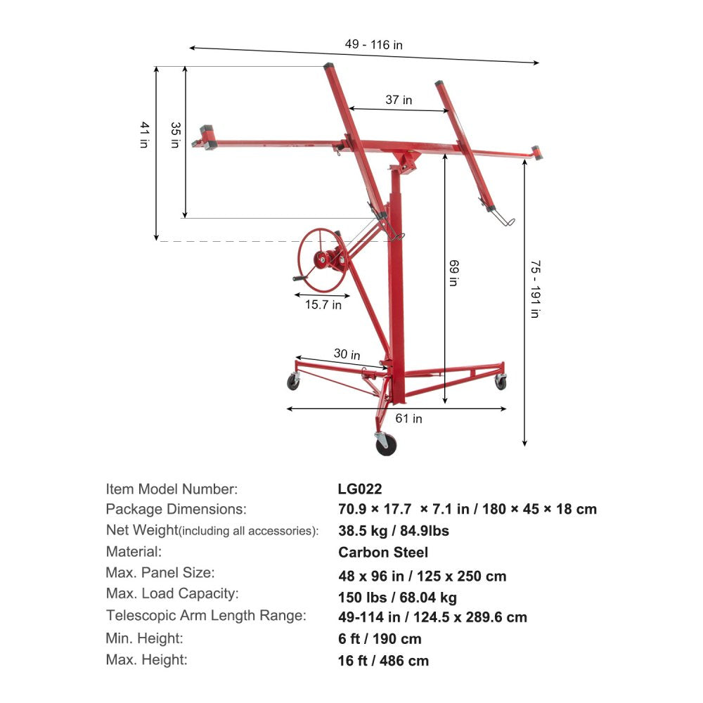 VEVOR Drywall Rolling Lifter Panel, 16ft Sheetrock Lift Drywall Lift, 150lb Weight Capacity Panel Hoist Jack Tool, Steel Material w/Telescopic Arm & 3 Lockable Wheels, 48x192 in Plasterboard Size