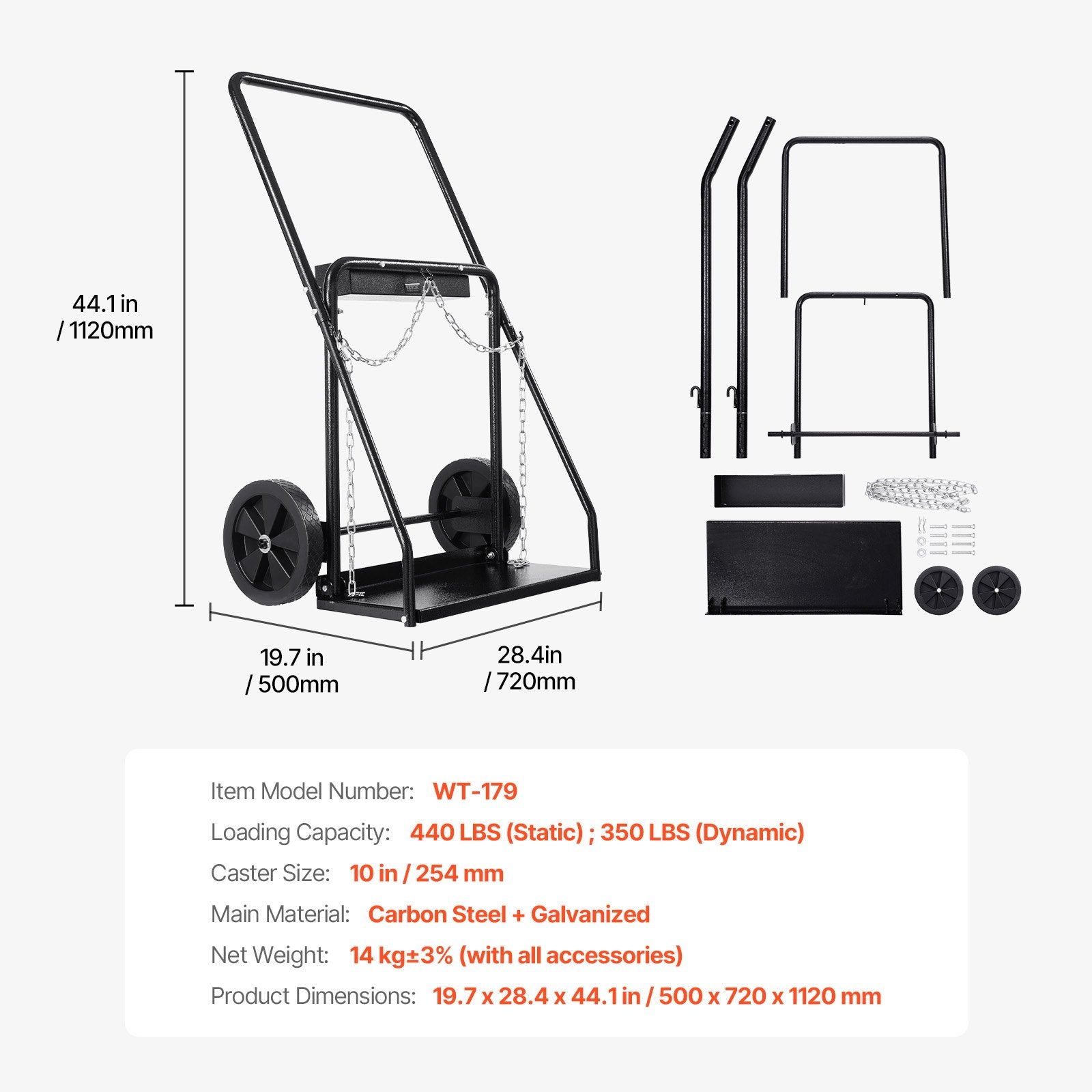 Heavy-Duty Dual Welding Cylinder Cart for Oxygen Acetylene Tanks, 440LBS Capacity, 10-Inch Wheels, Safety Chains for 12.5-Inch Gas Cylinders