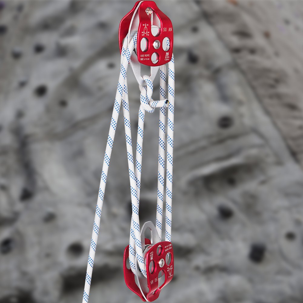 Heavy Duty Double Pulley Rigging System with 100Ft Braid Rope - Supports 6600-7705LBS for Efficient Lifting and Hauling