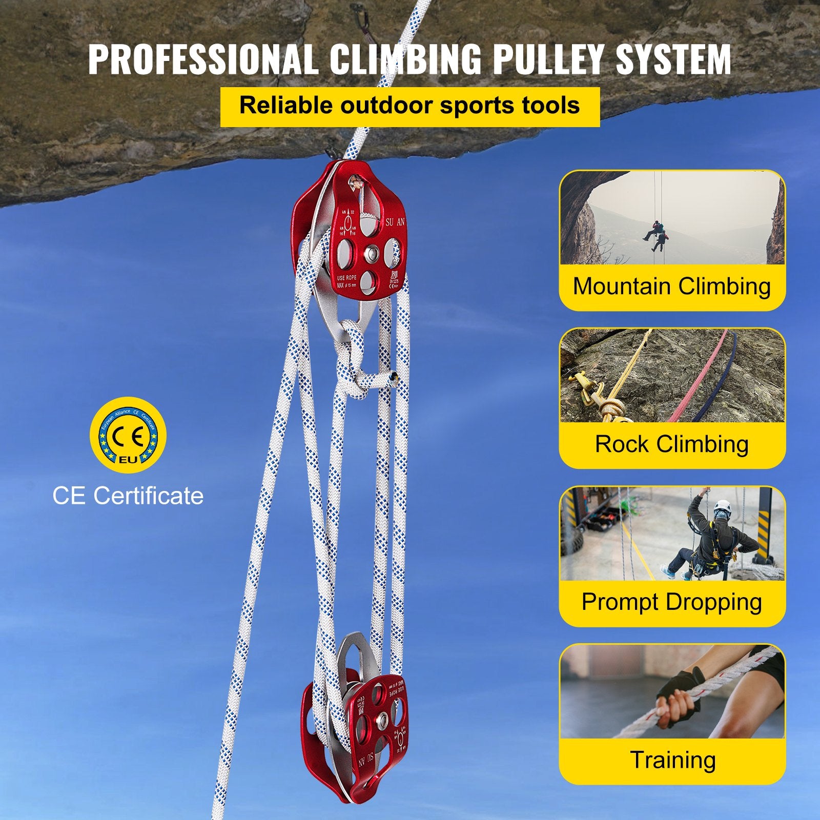 Heavy-Duty Double Pulley Block & Rope Kit, 1/2" x 98' Braided Line, 35 kN Strength for Rigging, Hoisting, Training & Outdoor Use