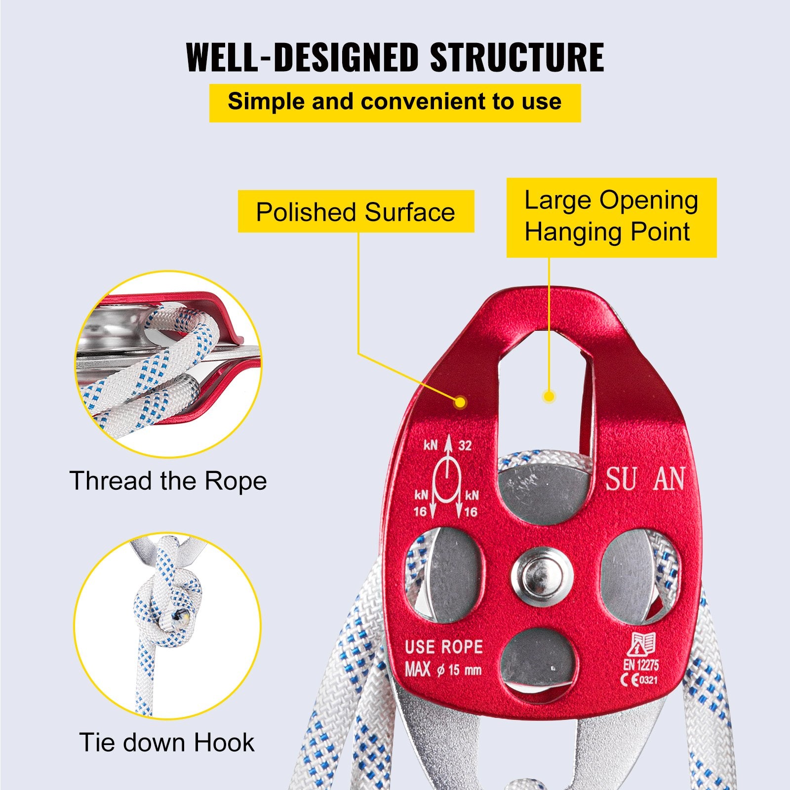 Heavy-Duty Double Pulley Block & Rope Kit, 1/2" x 98' Braided Line, 35 kN Strength for Rigging, Hoisting, Training & Outdoor Use