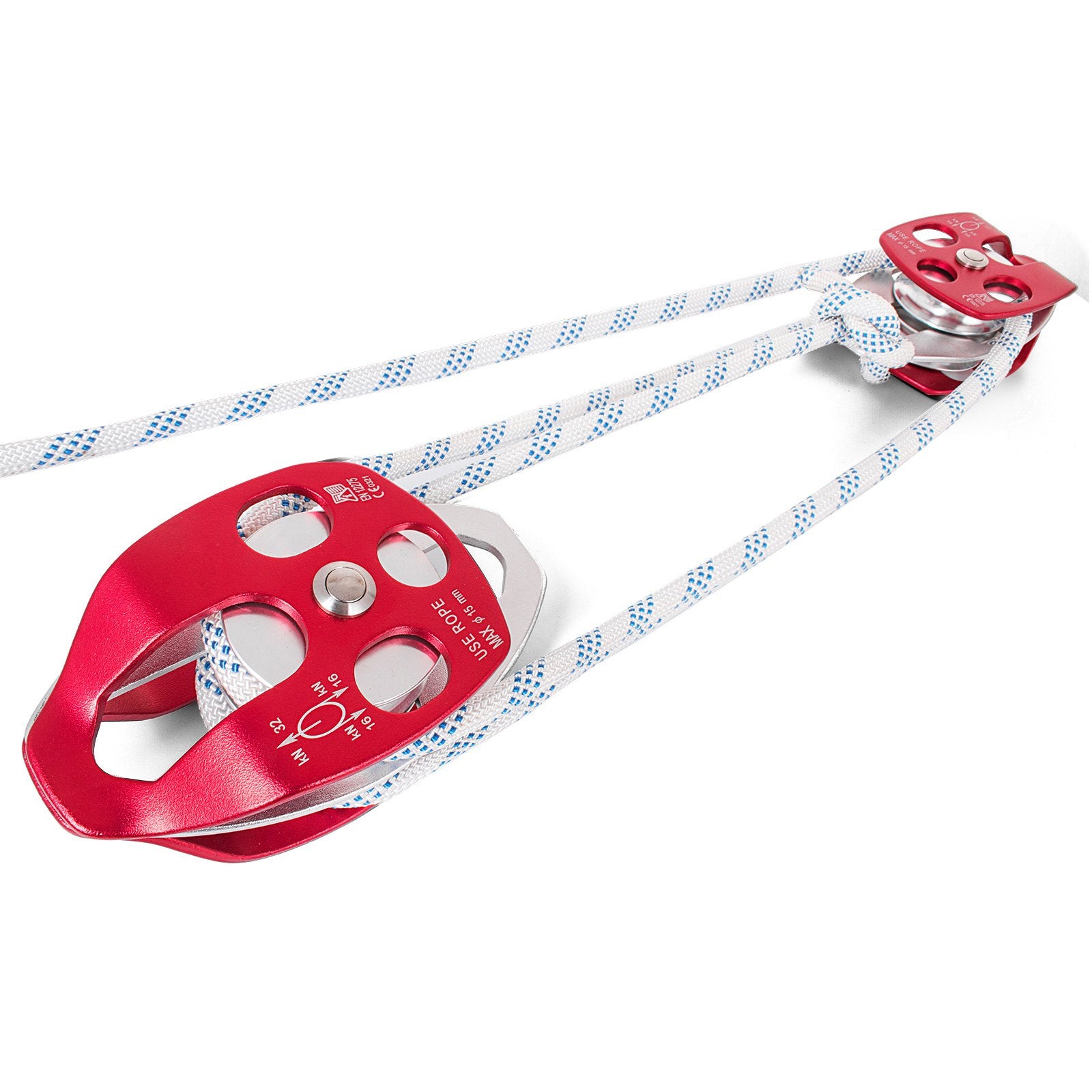 Heavy-Duty Double Pulley Block & Rope Kit, 1/2" x 98' Braided Line, 35 kN Strength for Rigging, Hoisting, Training & Outdoor Use