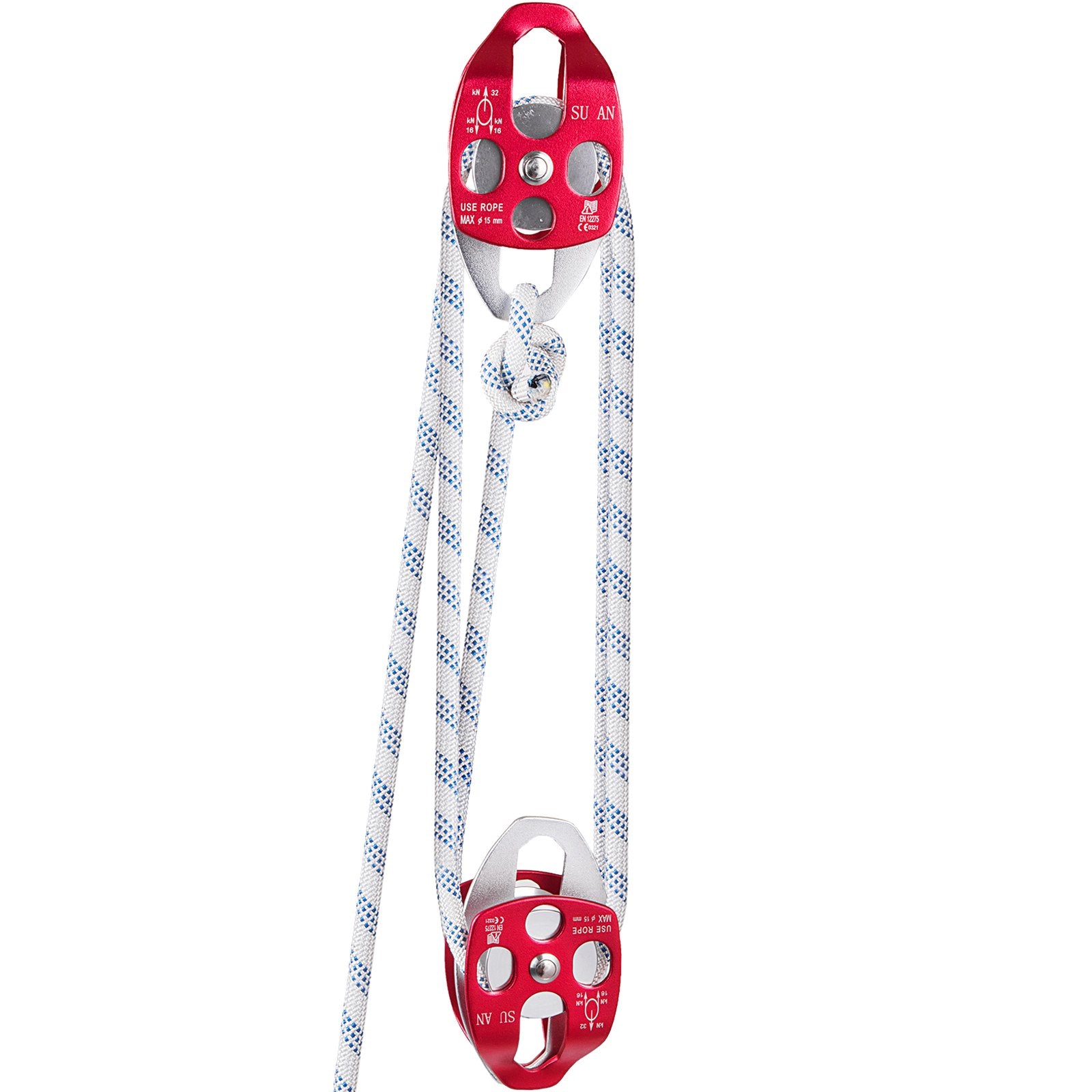 Heavy-Duty Double Pulley Block & Rope Kit, 1/2" x 98' Braided Line, 35 kN Strength for Rigging, Hoisting, Training & Outdoor Use