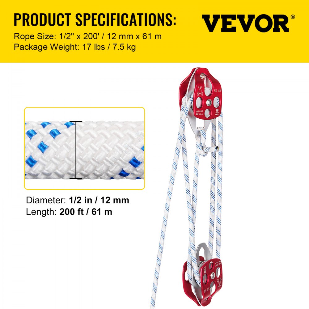 Heavy-Duty Twin Sheave Block and Tackle Pulley System with 200-Foot Double Braid Rope, 7700 lb Capacity