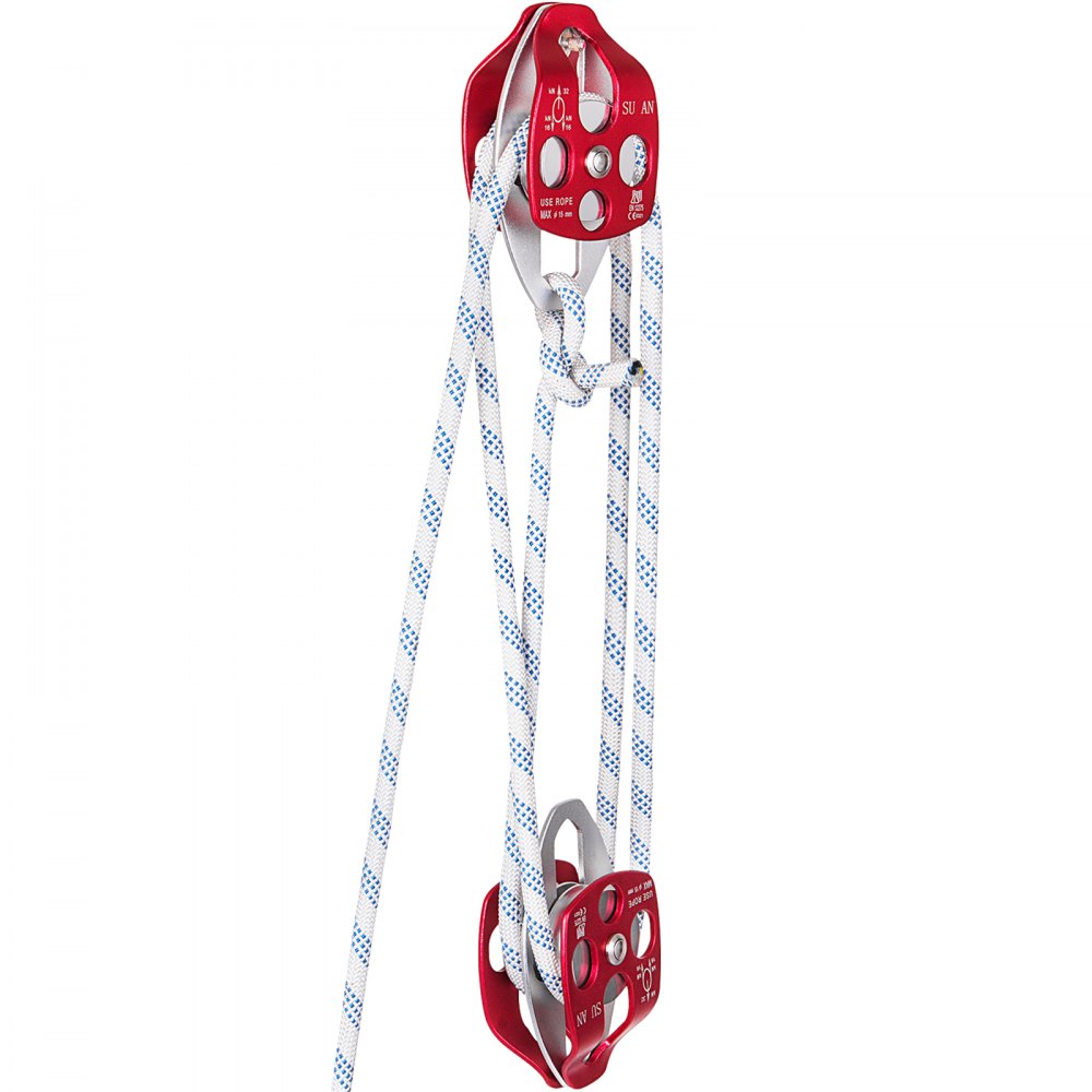 Heavy-Duty Twin Sheave Block and Tackle Pulley System with 200-Foot Double Braid Rope, 7700 lb Capacity