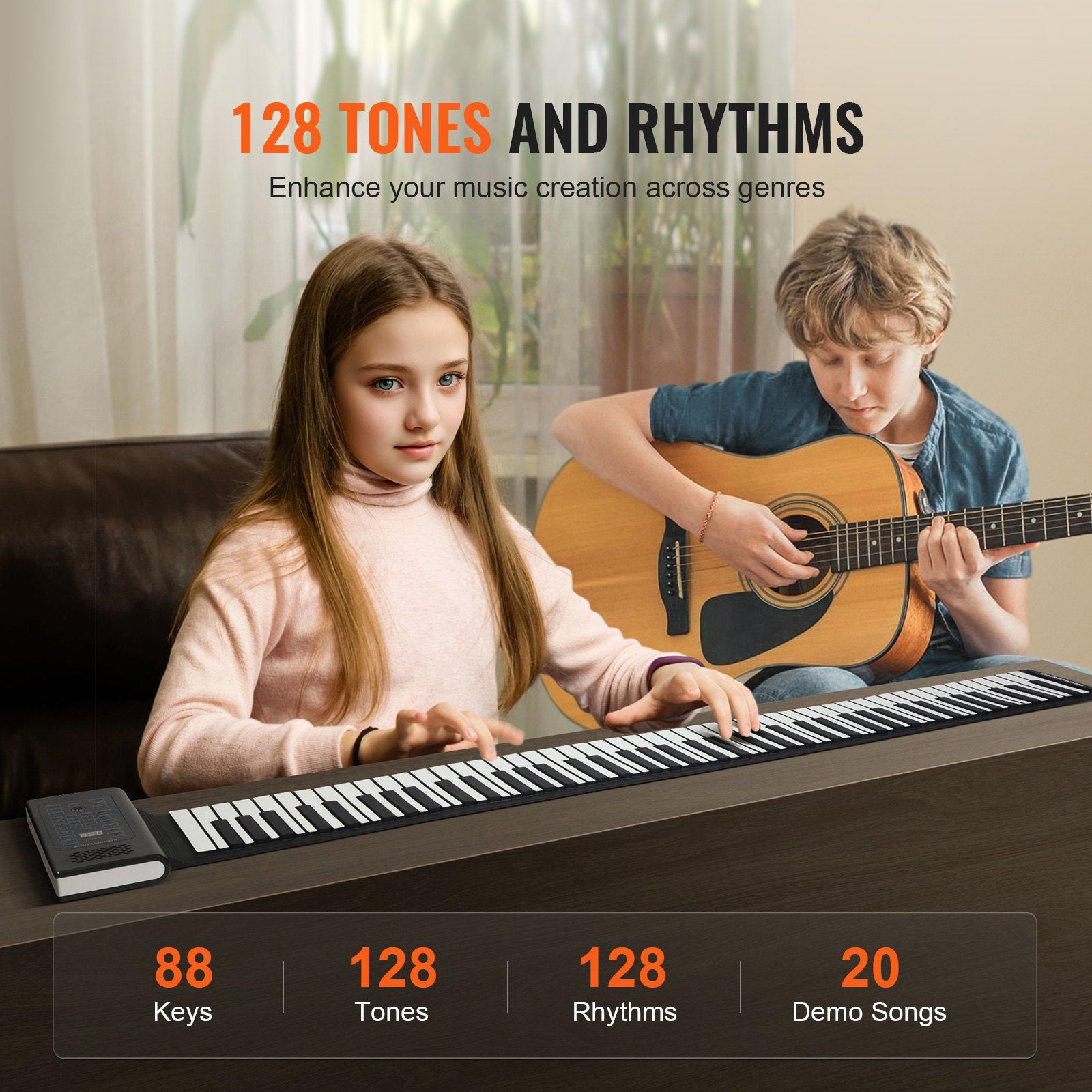 Portable 88-Key Roll Up Piano with 128 Rhythms & Tones, Rechargeable Battery, MIDI & Bluetooth for Kids, Beginners, Adults - LED Display & Speaker