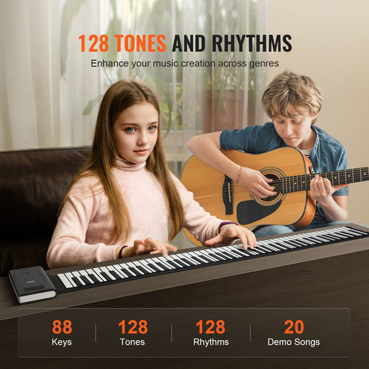 Portable 88-Key Roll Up Piano with 128 Rhythms & Tones, Rechargeable Battery, MIDI & Bluetooth for Kids, Beginners, Adults - LED Display & Speaker