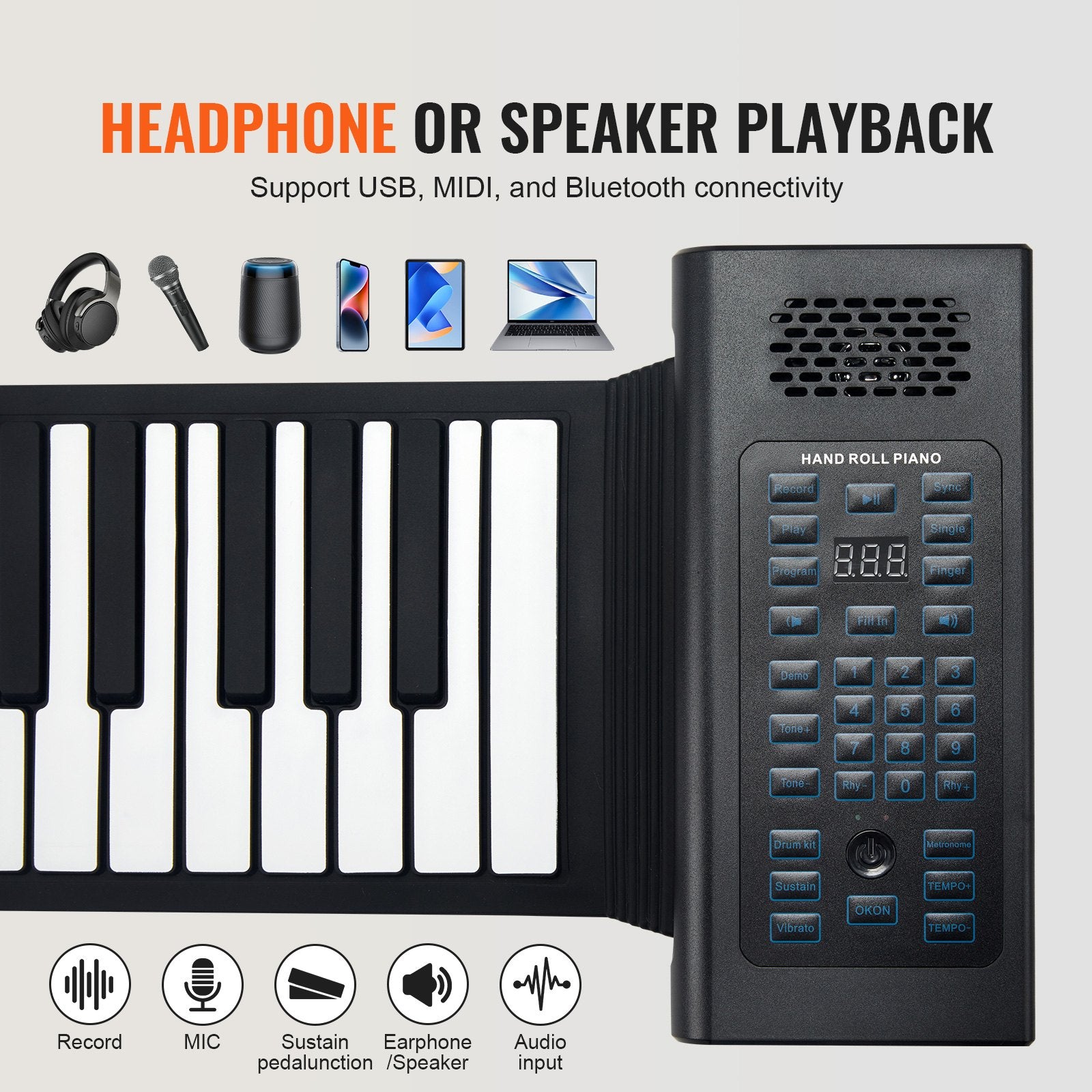 Portable 88-Key Roll Up Piano with 128 Rhythms & Tones, Rechargeable Battery, MIDI & Bluetooth for Kids, Beginners, Adults - LED Display & Speaker