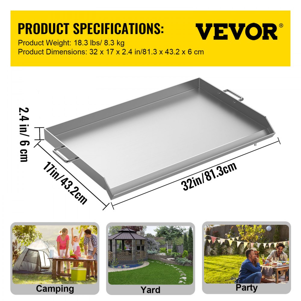 VEVOR Stainless Steel Griddle,32\" X 17\" Universal Flat Top Rectangular Plate , BBQ Charcoal/Gas Grill with 2 Handles and Grease Groove with Hole，Grills for Camping, Tailgating and Parties .