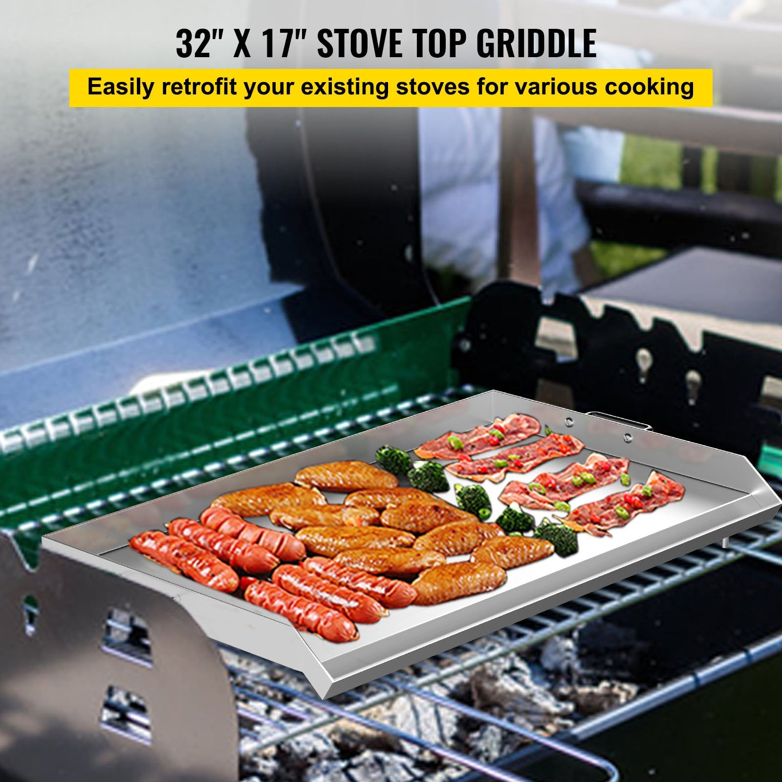 Universal 32" x 17" Stainless Steel Griddle – Flat Top BBQ Grill for Charcoal/Gas, Camping, Tailgating, Parties, with Handles & Grease Groove