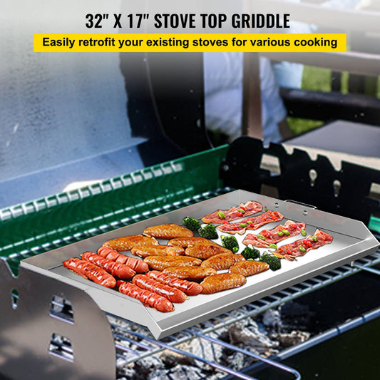 Universal 32" x 17" Stainless Steel Griddle – Flat Top BBQ Grill for Charcoal/Gas, Camping, Tailgating, Parties, with Handles & Grease Groove