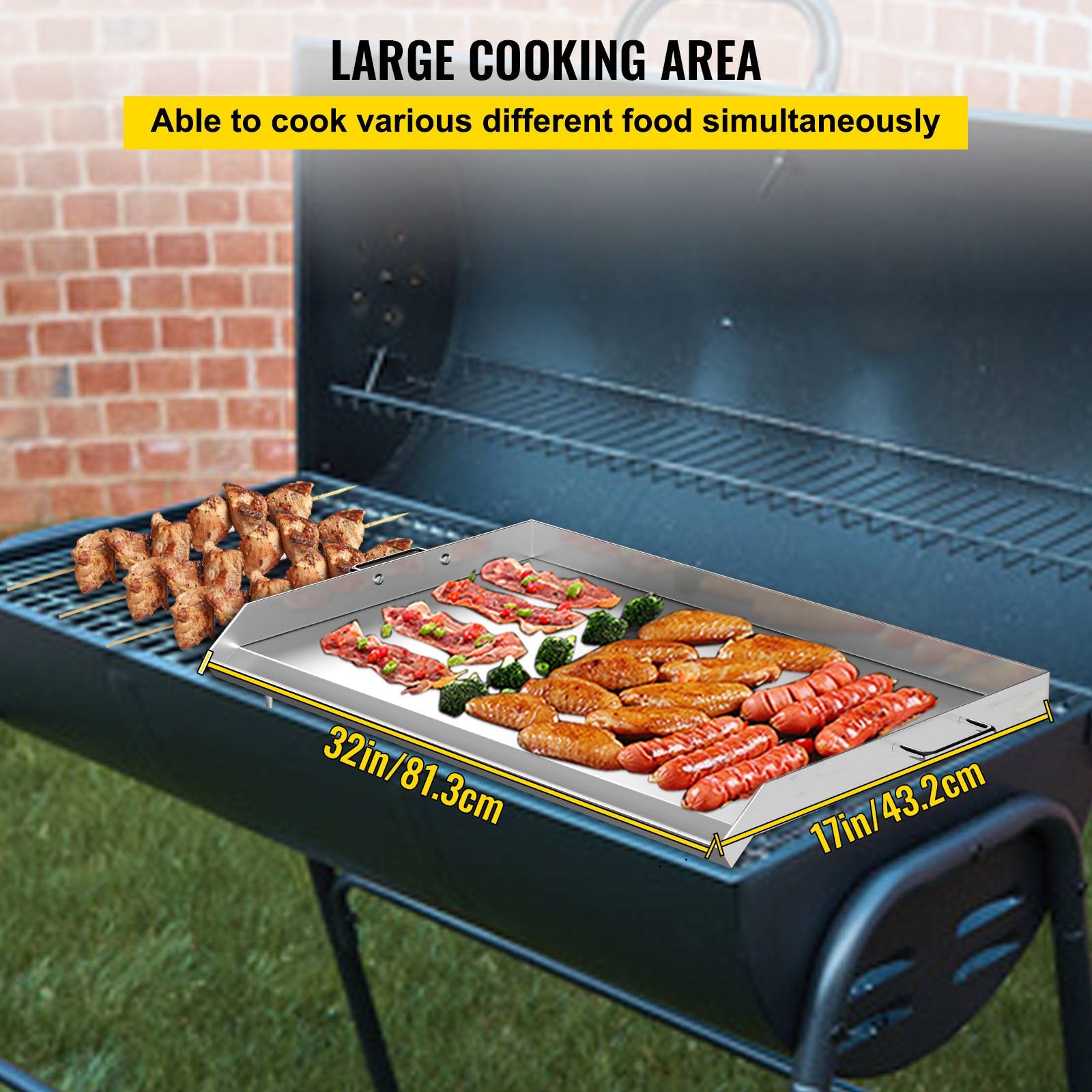 Universal 32" x 17" Stainless Steel Griddle – Flat Top BBQ Grill for Charcoal/Gas, Camping, Tailgating, Parties, with Handles & Grease Groove