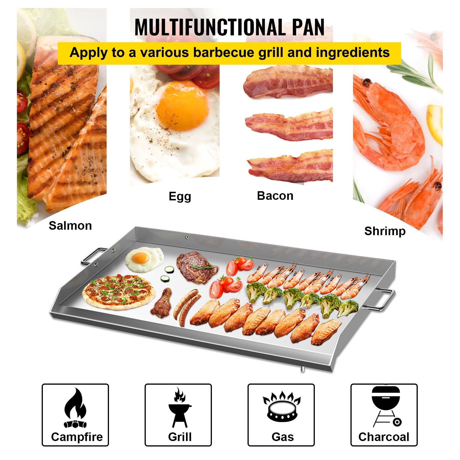 Universal 32" x 17" Stainless Steel Griddle – Flat Top BBQ Grill for Charcoal/Gas, Camping, Tailgating, Parties, with Handles & Grease Groove