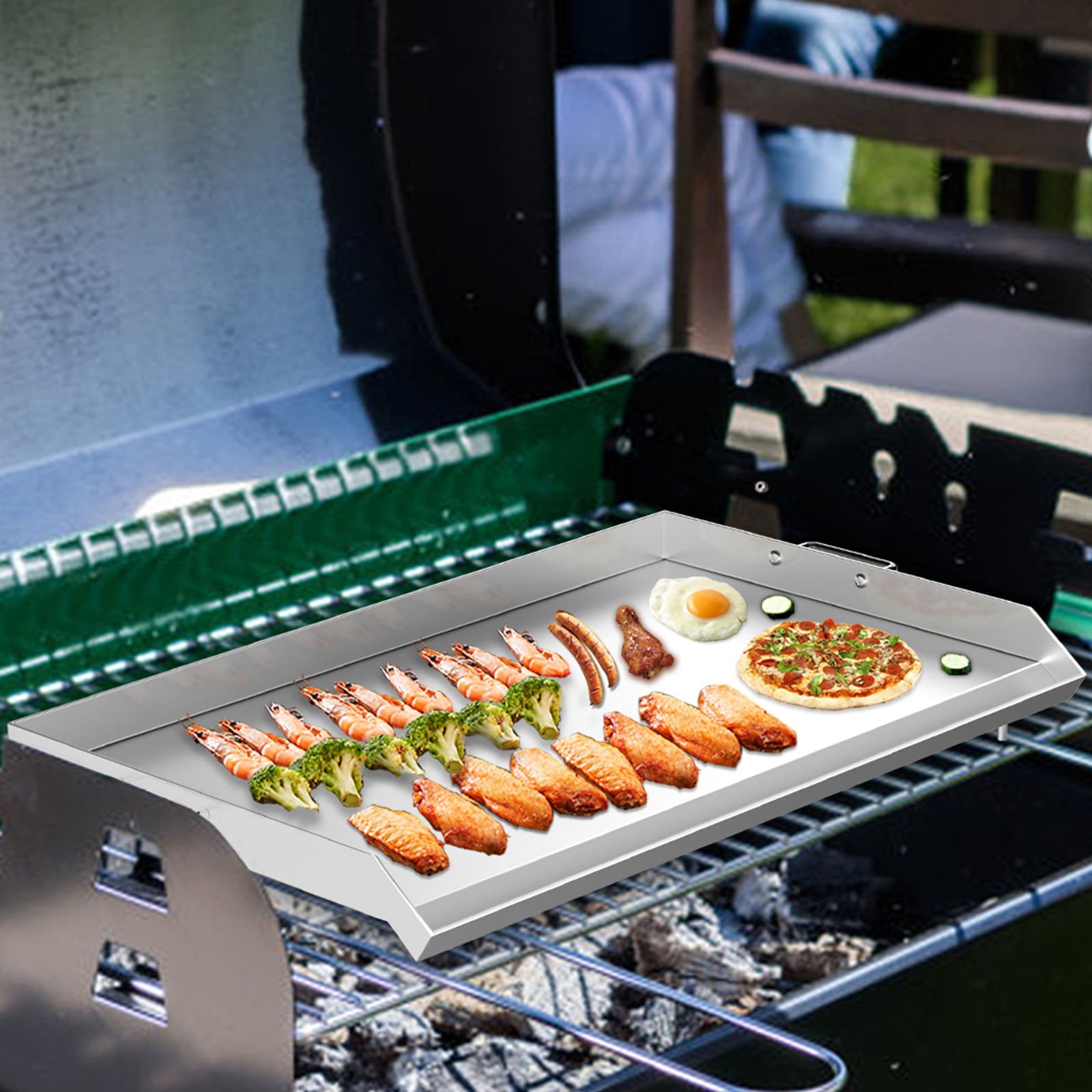 Universal 32" x 17" Stainless Steel Griddle – Flat Top BBQ Grill for Charcoal/Gas, Camping, Tailgating, Parties, with Handles & Grease Groove