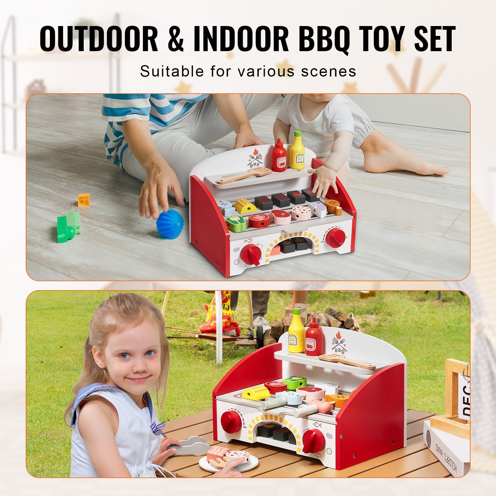 Interactive Wooden BBQ Grill Playset for Kids Ages 3+, 26-Piece Set with Realistic Carbon Fire, Indoor/Outdoor Pretend Cooking Toy