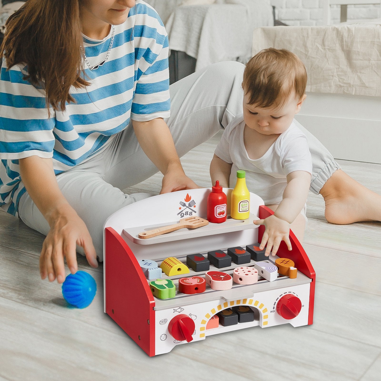 Interactive Wooden BBQ Grill Playset for Kids Ages 3+, 26-Piece Set with Realistic Carbon Fire, Indoor/Outdoor Pretend Cooking Toy