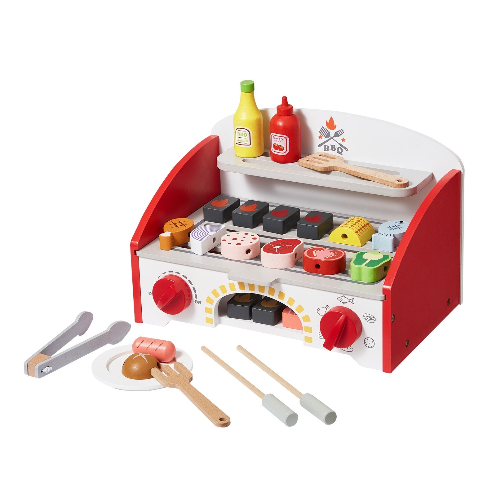 Interactive Wooden BBQ Grill Playset for Kids Ages 3+, 26-Piece Set with Realistic Carbon Fire, Indoor/Outdoor Pretend Cooking Toy