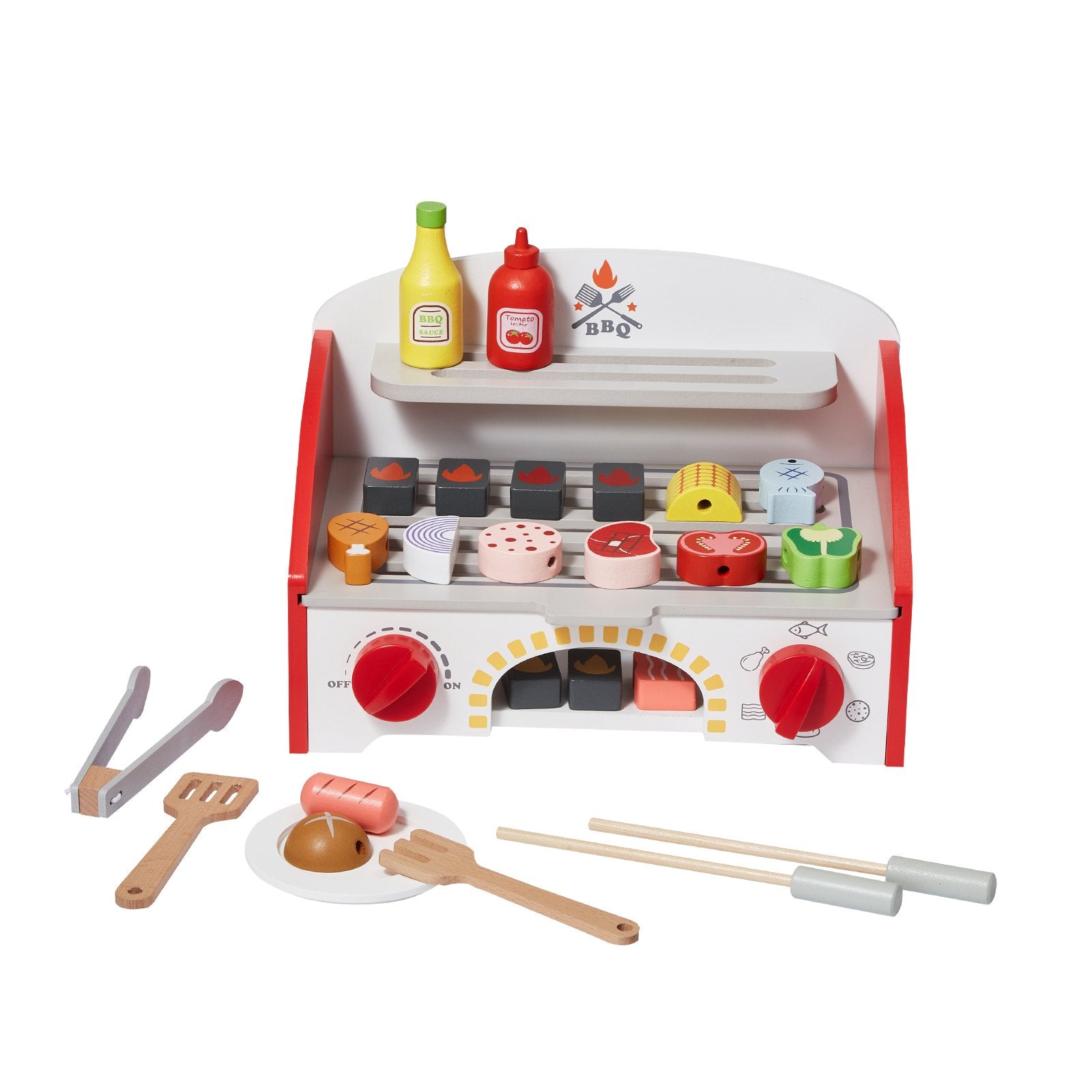 Interactive Wooden BBQ Grill Playset for Kids Ages 3+, 26-Piece Set with Realistic Carbon Fire, Indoor/Outdoor Pretend Cooking Toy