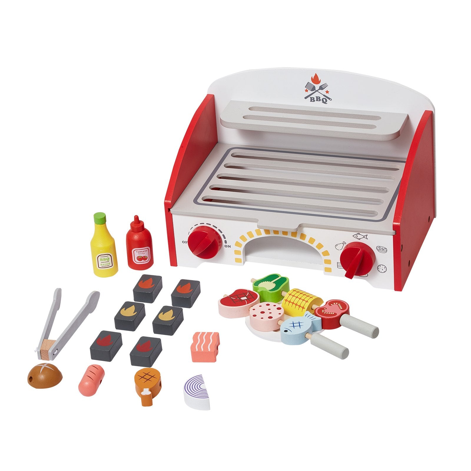 Interactive Wooden BBQ Grill Playset for Kids Ages 3+, 26-Piece Set with Realistic Carbon Fire, Indoor/Outdoor Pretend Cooking Toy